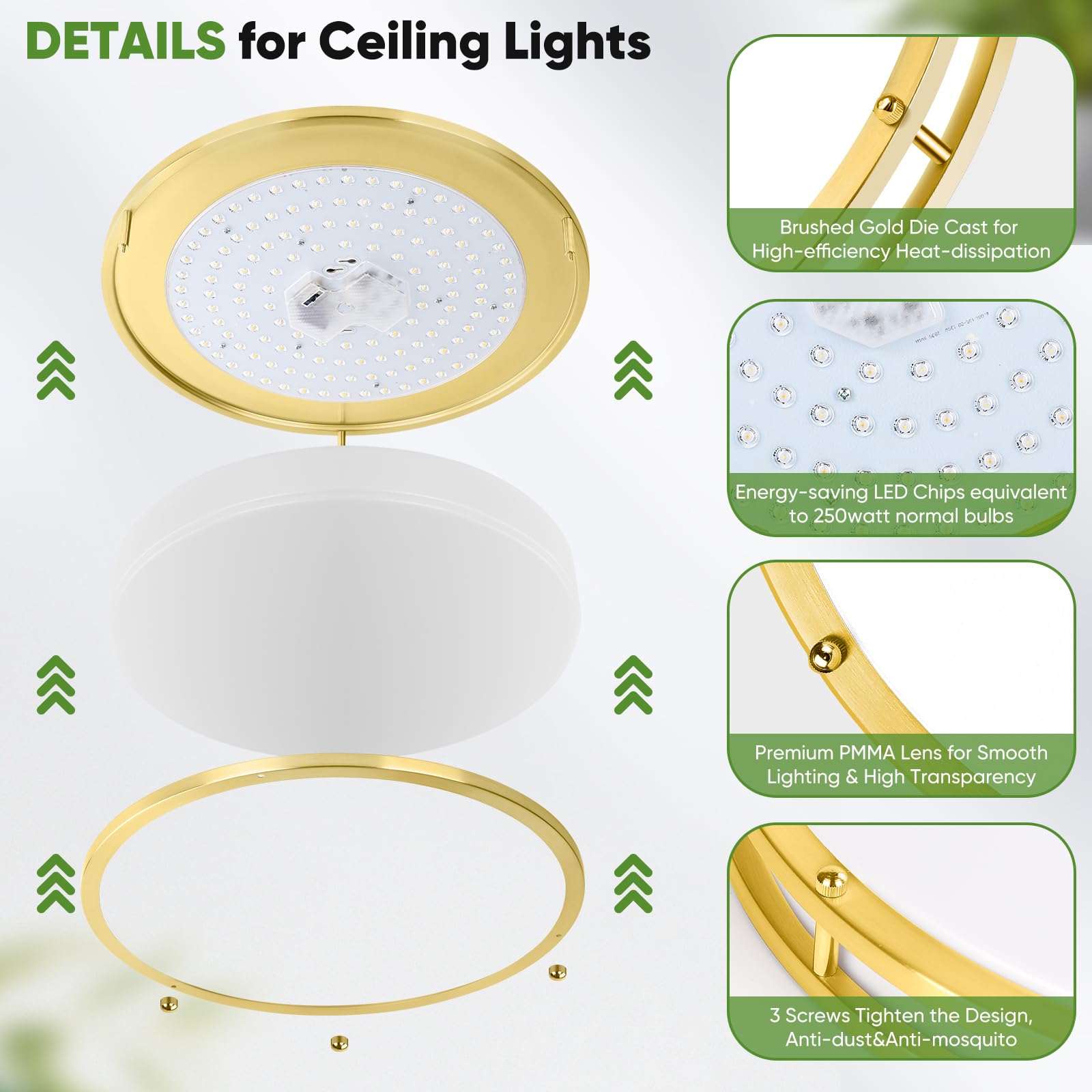 TOBUSA LED Flush Mount Ceiling Light 50W 5600lm Dimmable 16 inch Brushed Gold 5CCT Model 63242009-03