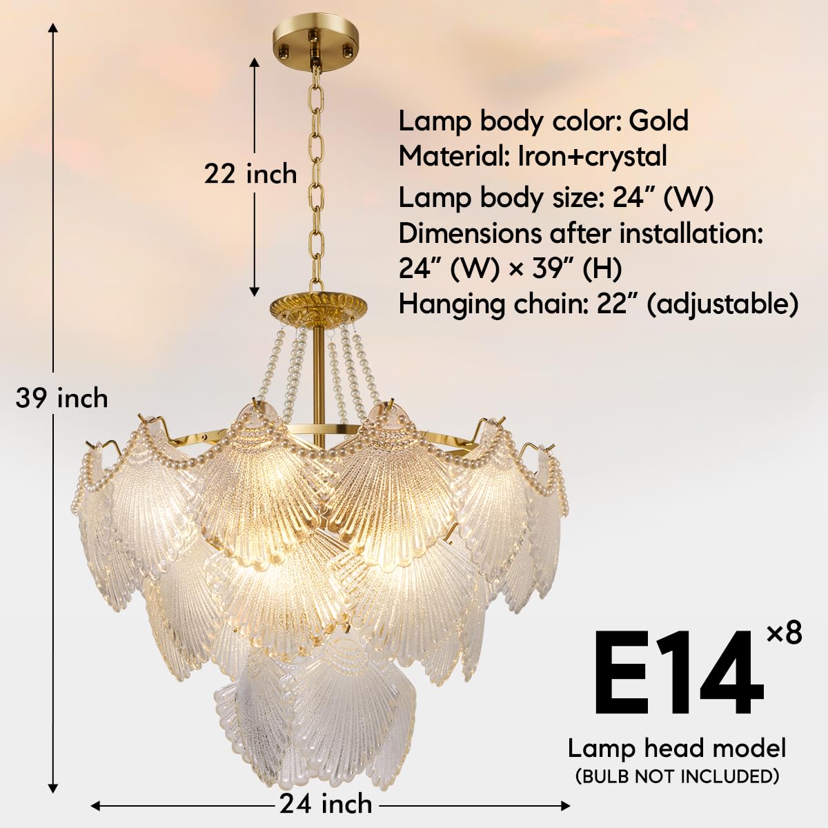 A Million Gold Multi-Tier Crystal Chandelier, Shell Cloud Glass Metal Pendant Chandeliers Hanging Ceiling Lighting Fixtures (8-L