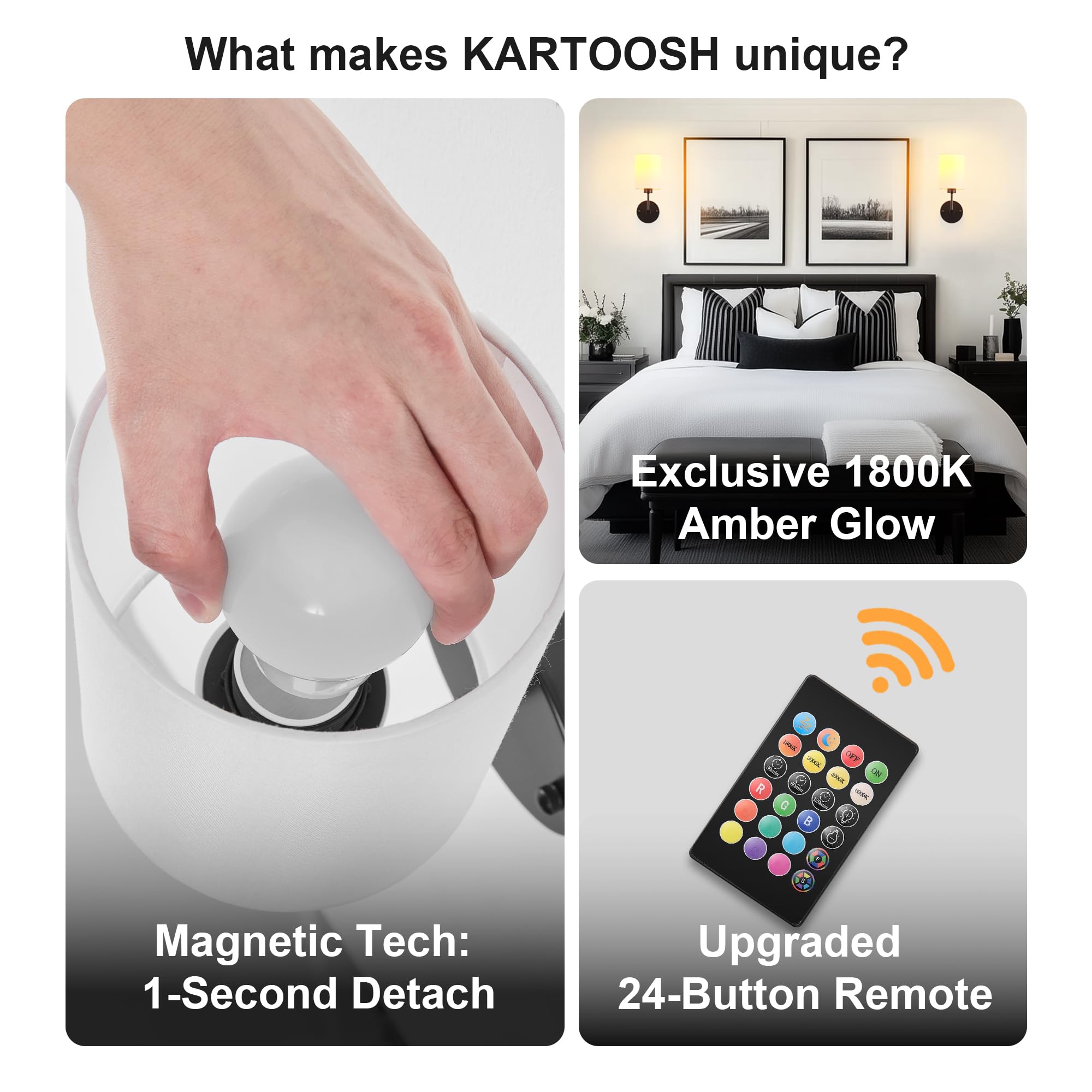 KARTOOSH Battery Operated Wall Sconce Set, Wireless Rechargeable, Dimmable, 13.5 Inch, Black, Model ZM213BBL35-N1