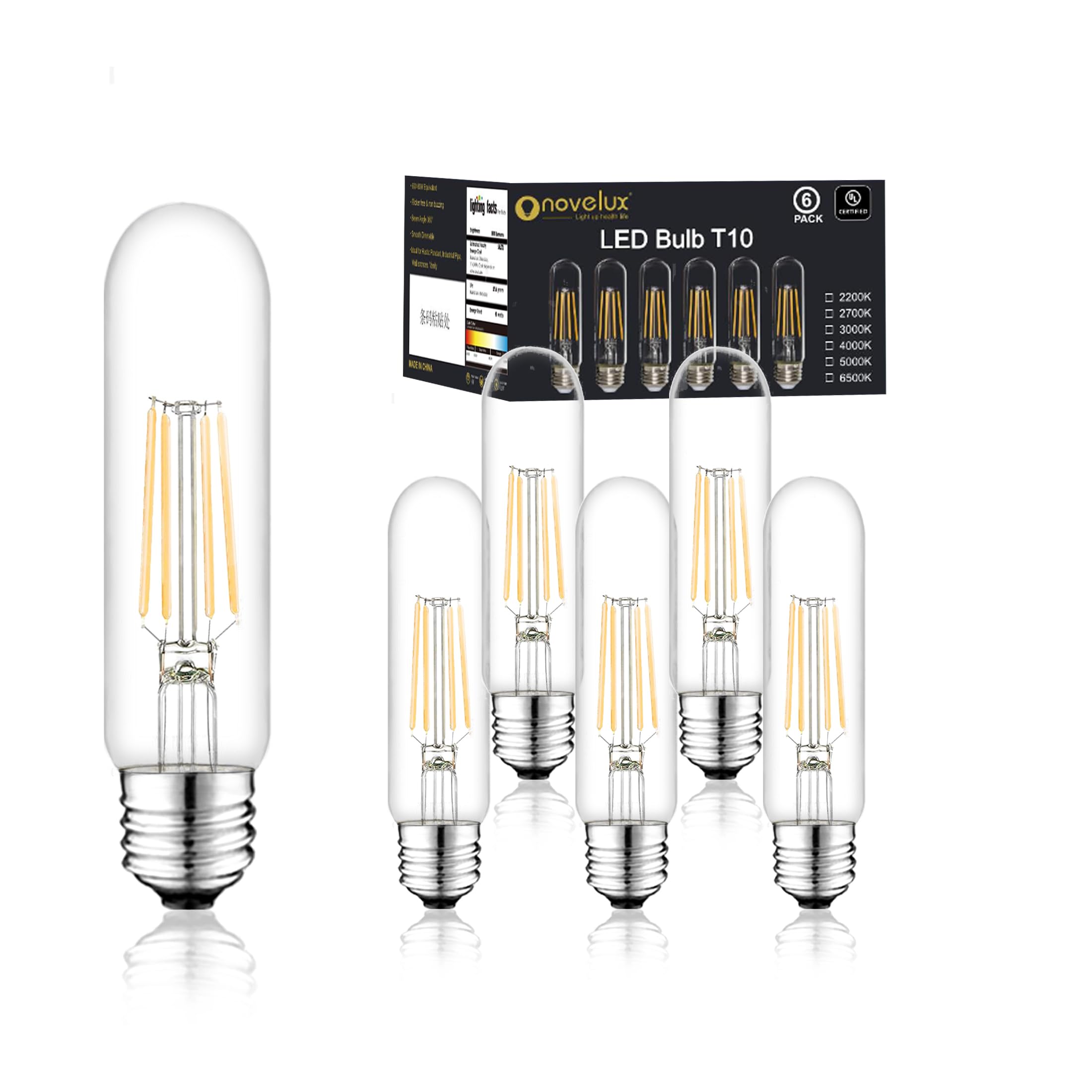 NOVELUX Edison Bulbs 5 Inch 6W Warm White Dimmable Vintage T10 Antique Light Bulbs, 3000K (6 Pack)