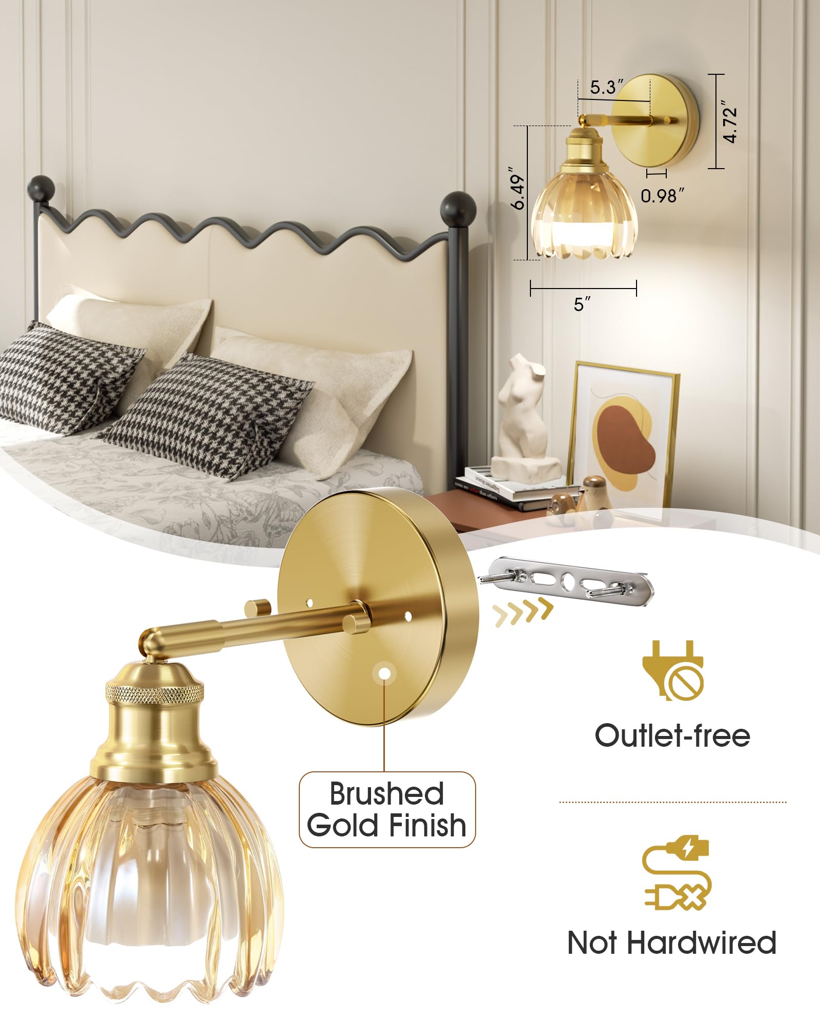 VOLISUN Vintage Battery Operated Wall Sconce,with Amber Tulip Glass Lampshade, Wireless Wall Sconce, Rechargeable Battery Powere