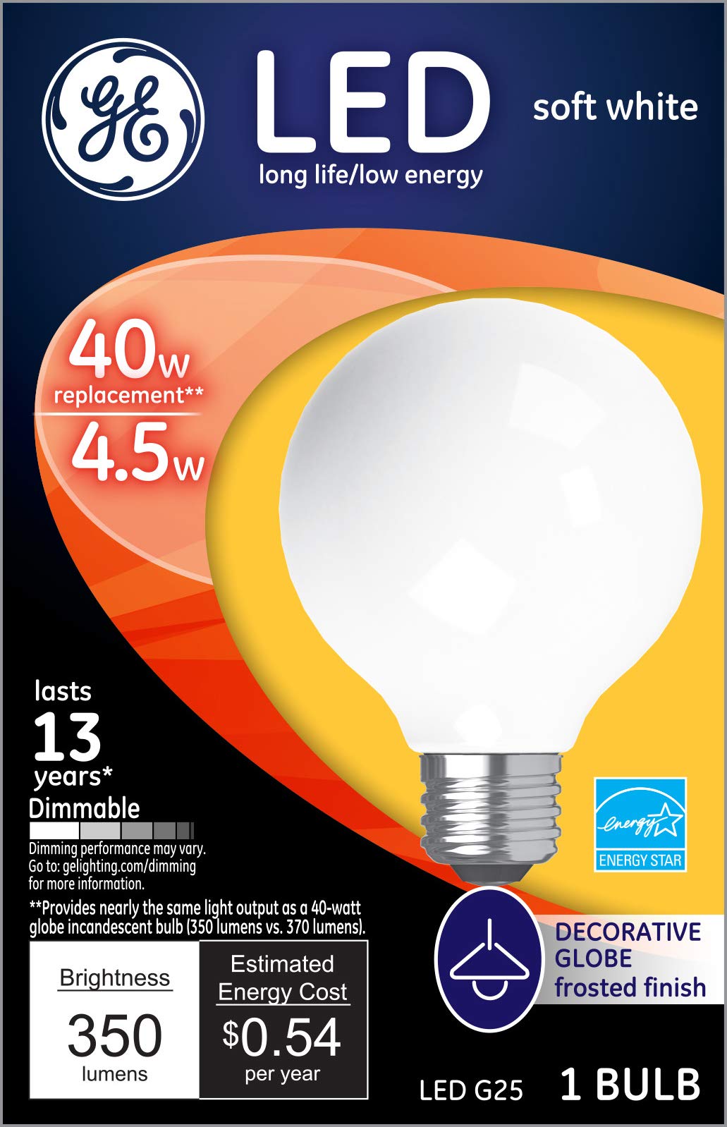 Ge Dimmable Led G25 Light Bulb, 40W Replacement, Frosted White, 350 Lumen, Glass, 1 Count, Energy-Star Rated, Model 25048