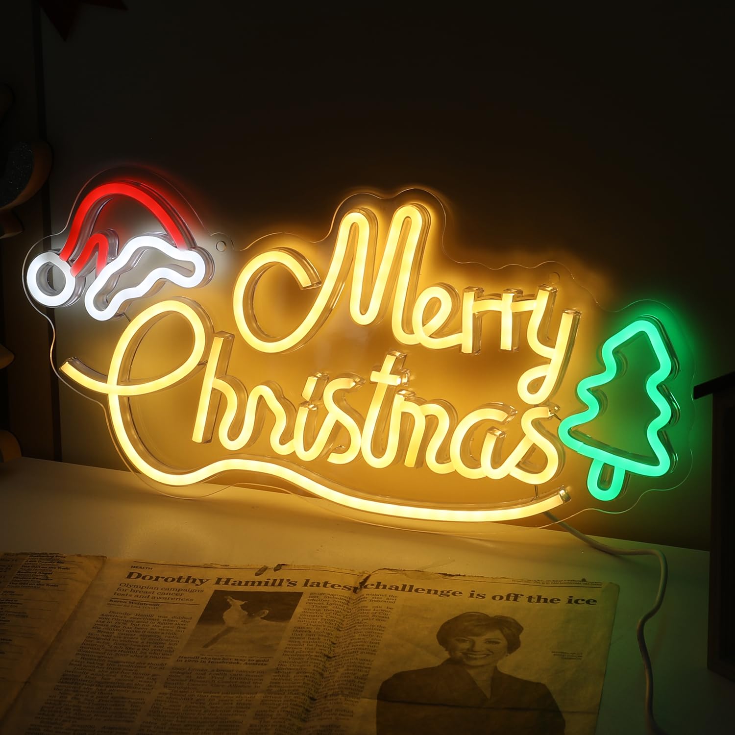 LightsUp Neon Christmas Sign, USB Powered, Warm White LEDs, 16.7 x 7.9 Inch, Acrylic, White, Xmas Tree & Santa Hat Design