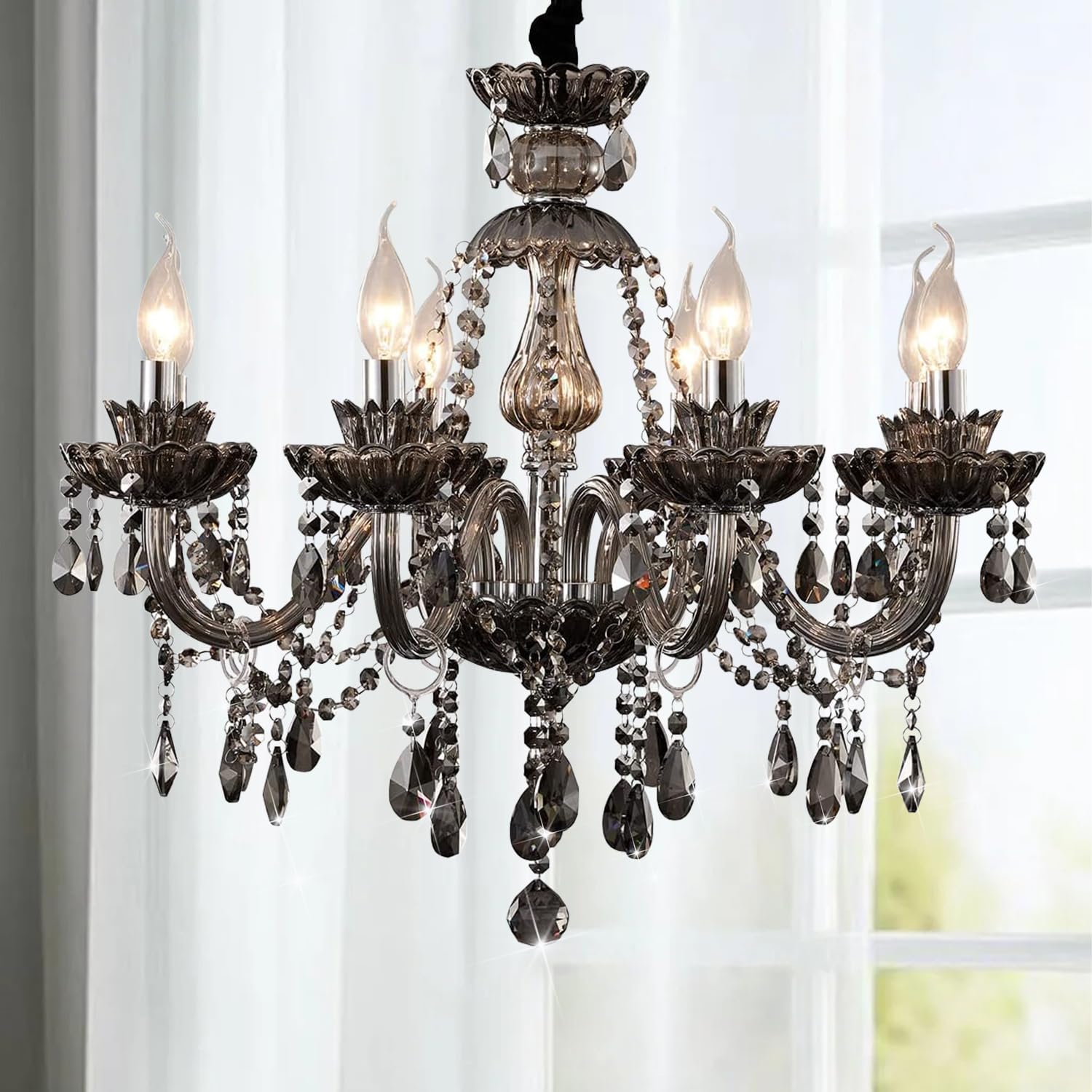 Luxurious Smoky Gray Crystal Chandelier for Living Room, Antique 6-Lights Teardrop Candle Chandelier Pendant Ceiling Lighting Fi
