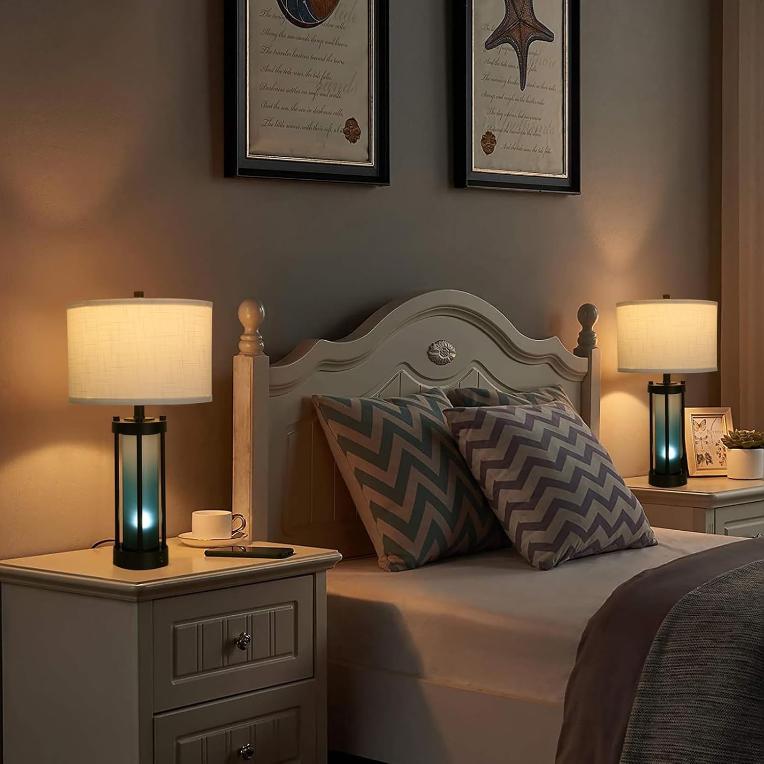 Lambaol Modern Table Lamps Set of 2, Frosted Glass, Gradient Blue, 2 USB Ports, TL001, Ideal for Bedroom and Living Room