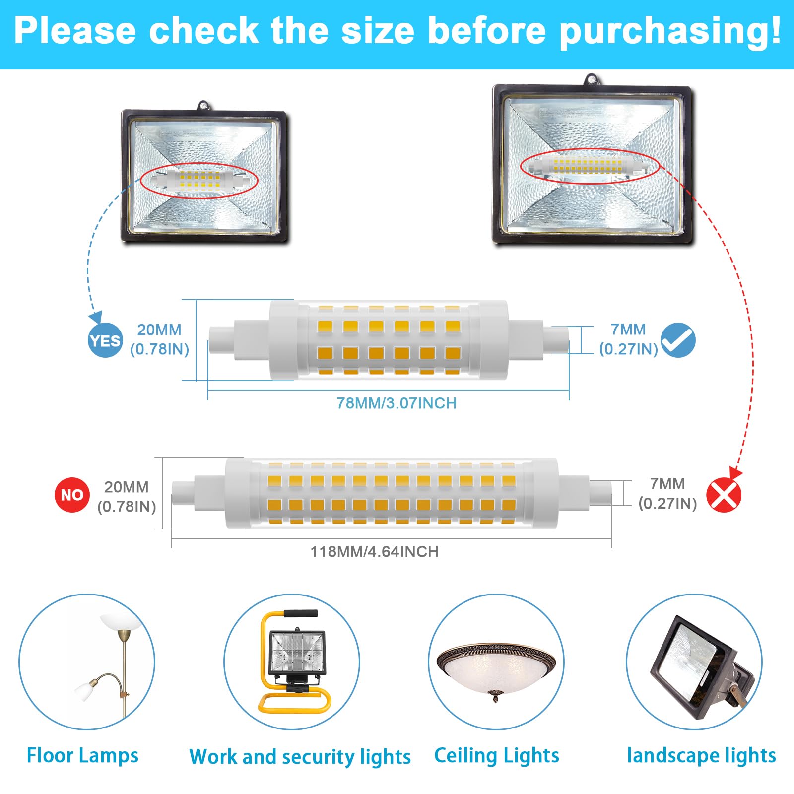 TAIYALOO R7S LED Bulb 78mm 100W Equivalent Dimmable Warm White 3000K, Polycarbonate, 2 Pack