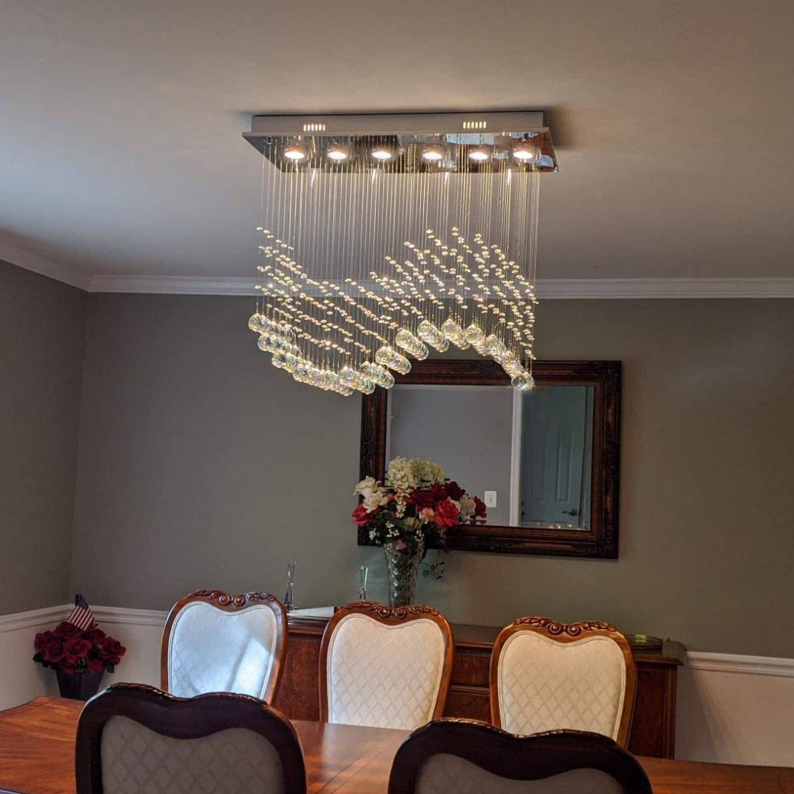 CRYSTOP Modern Wave Chandelier - Rectangular Crystal Raindrop Flush Mount Pendant Light Fixture - 23.6" x 9.8" x 27.6", Silver