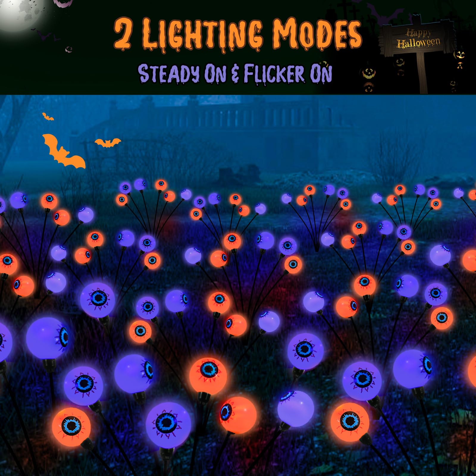 Lewondr Solar Garden Eyeball Lights, 6 Pack, Waterproof, Purple + Orange, Model HD250148
