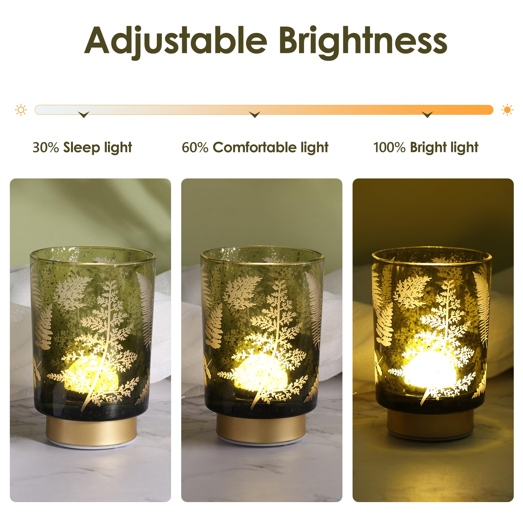 Eywamage Small Battery Operated Glass Table Lamp, Boho Green Ferns Mood Light With Remote, Cordless Bedside Accent Lamp Room Dec