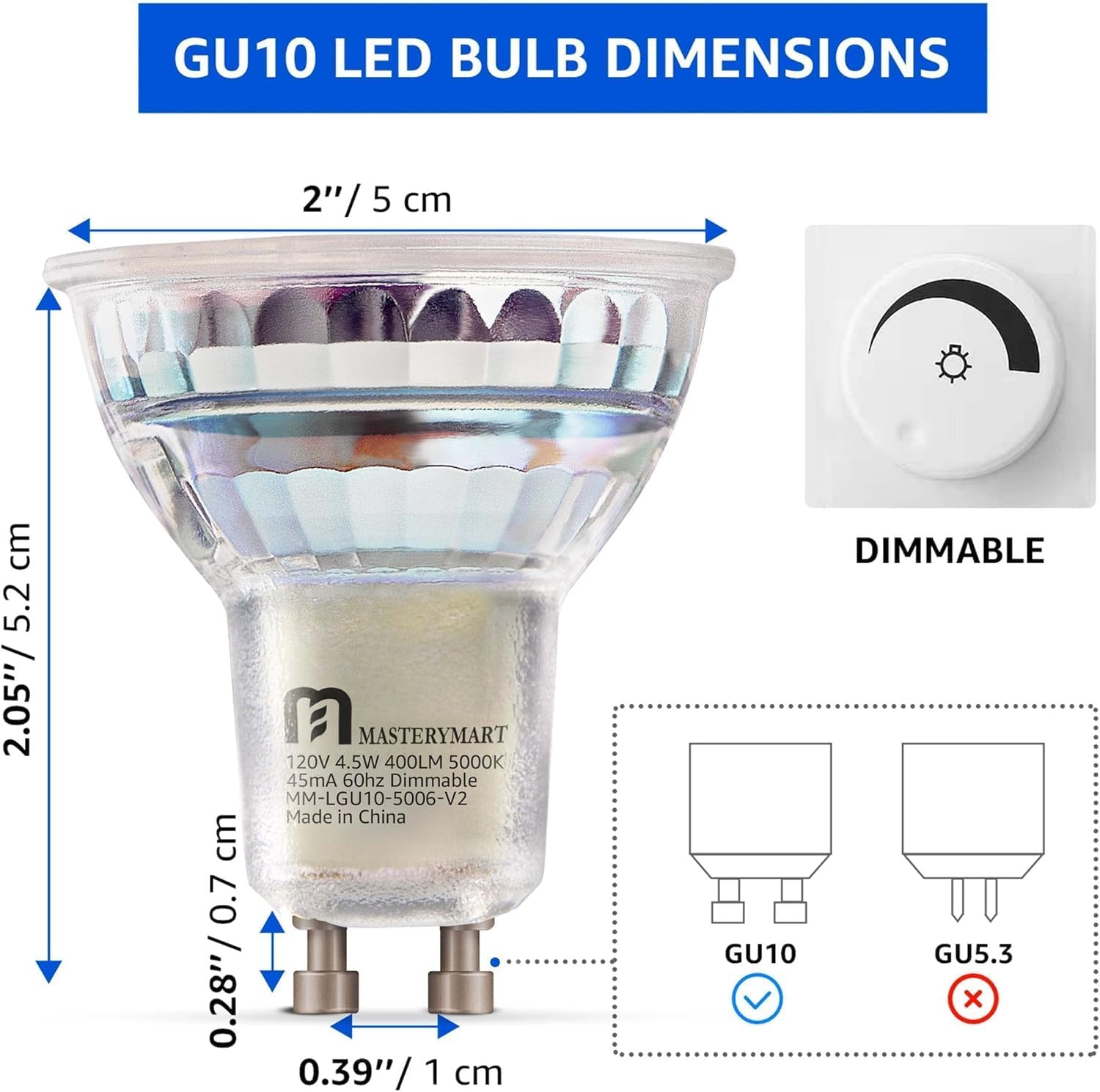 MASTERY MART Dimmable GU10 LED Light Bulbs 4.5W 5000K Daylight White 400lm Energy Saver 4 Pack for Track Lighting
