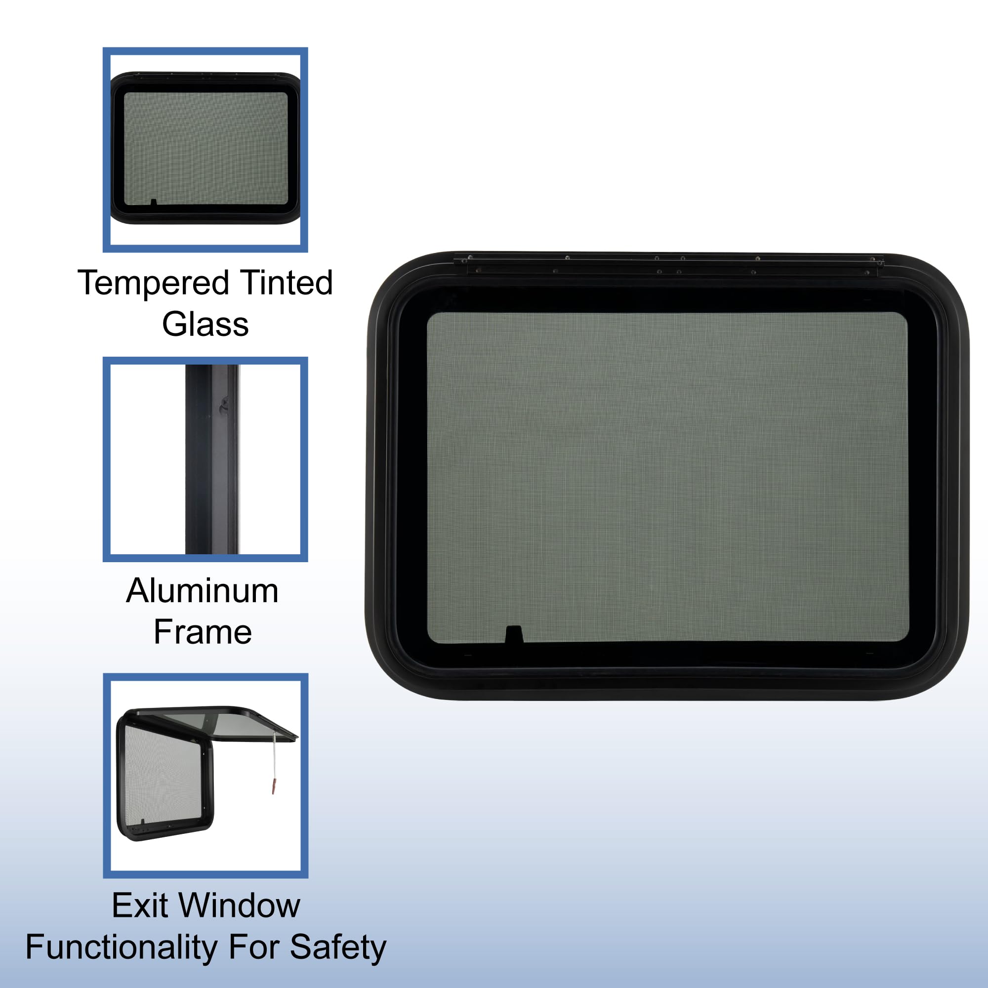 RecPro RV Exit Window 30" x 22" with Trim Ring - Black Tempered Glass Replacement (Model RP-WINX) - Made in USA