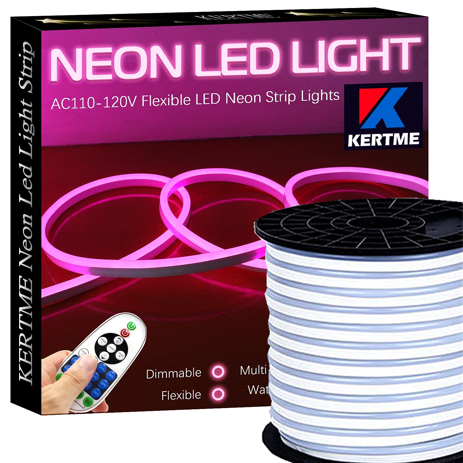 Kertme 98.4Ft Pink Led Neon Light Strip - Waterproof, Dimmable, 23 Keys Remote For Decor