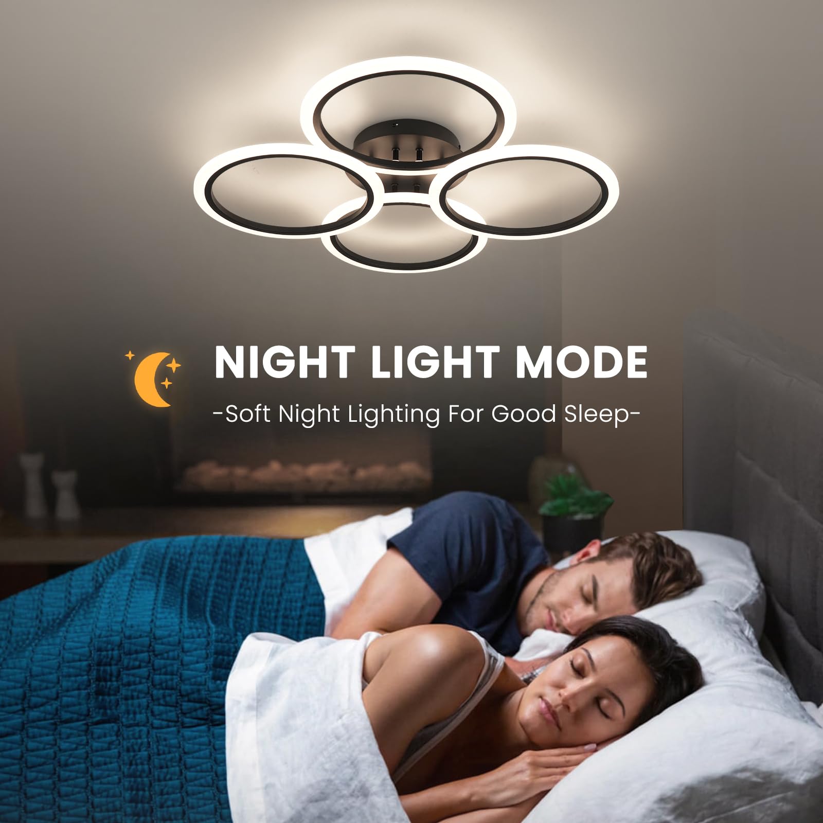 HLILCEH Modern LED Ceiling Light Fixture, Dimmable Acrylic 4 Rings, Remote Control, 28.74 inch, Black, Model CL-4QDBK-D