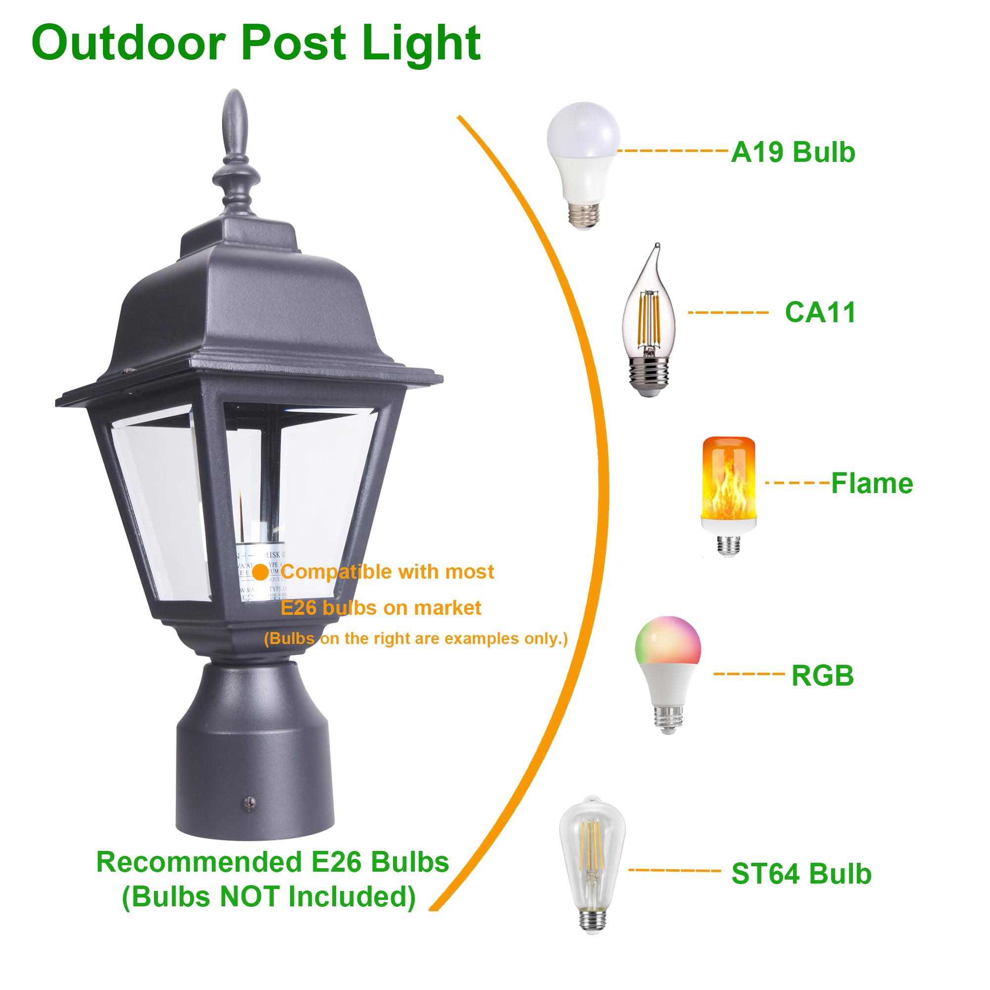 Lit-Path Outdoor Post Lantern, Aluminum, E26 Max 60W, Matte Black, 1-Pack, Model Lt-Pl003