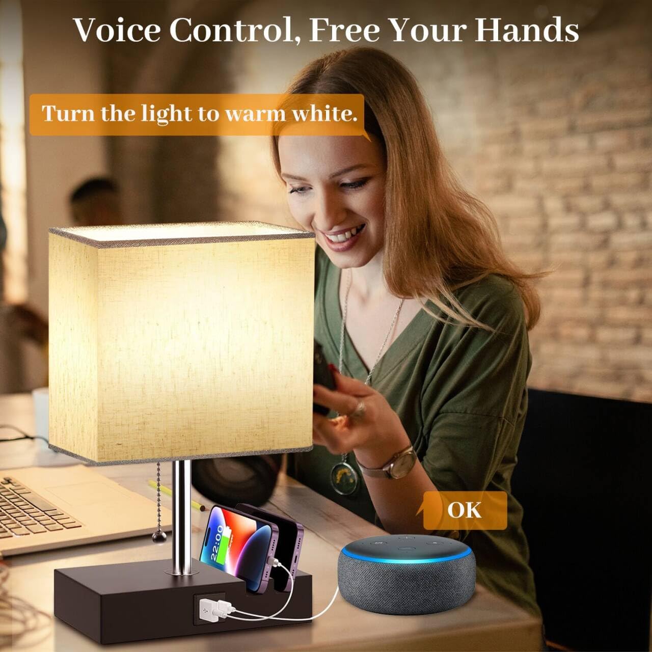 Smart Rgb Dimmable Table Lamp Compatible With Alexa&App&Remote Control, Bedside Desk Lamp With Charging Ports&Outlet&Phone Stand