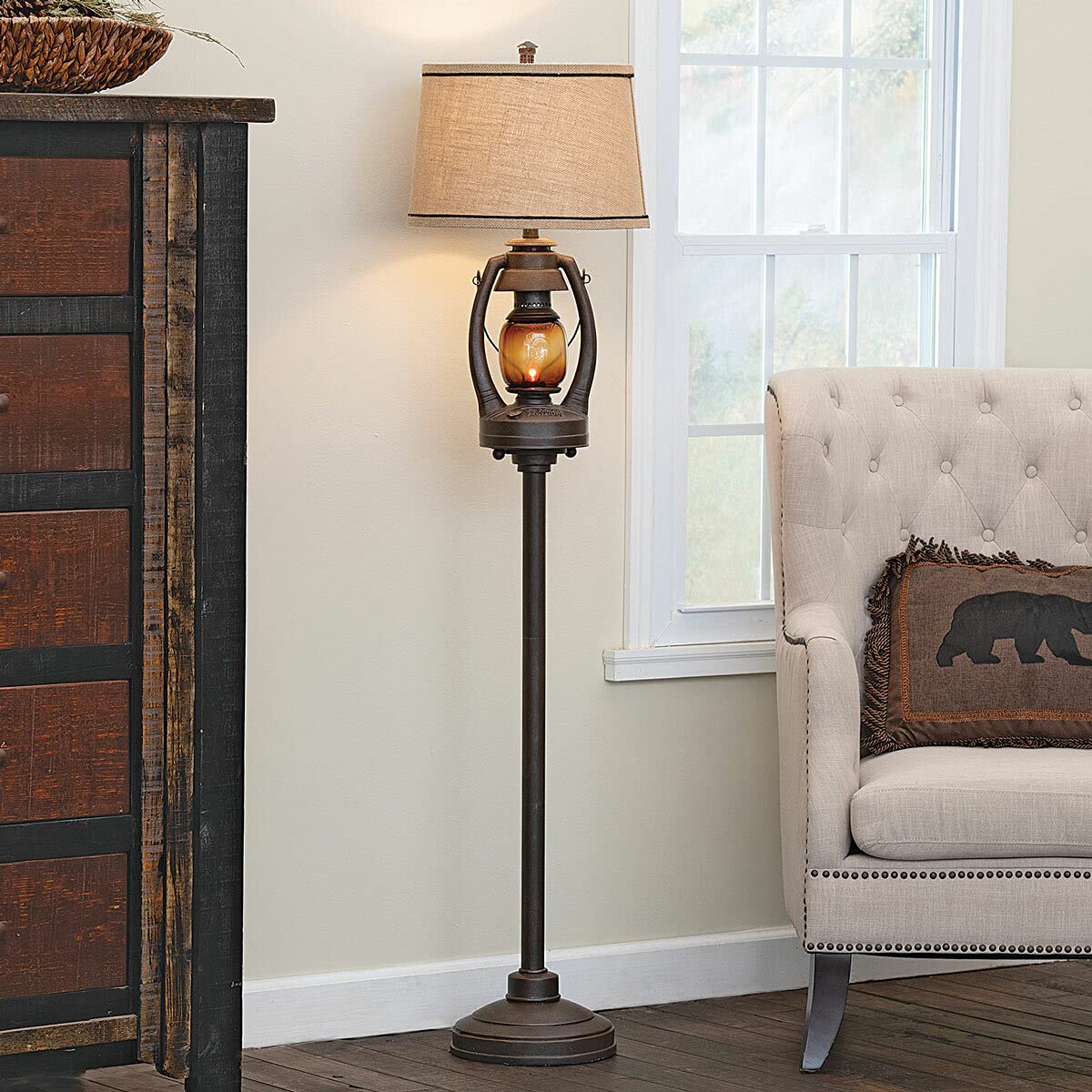 Black Forest D?or Vintage Lantern Floor Lamp with Burlap Shade - Rustic Lodge Standing Lamp