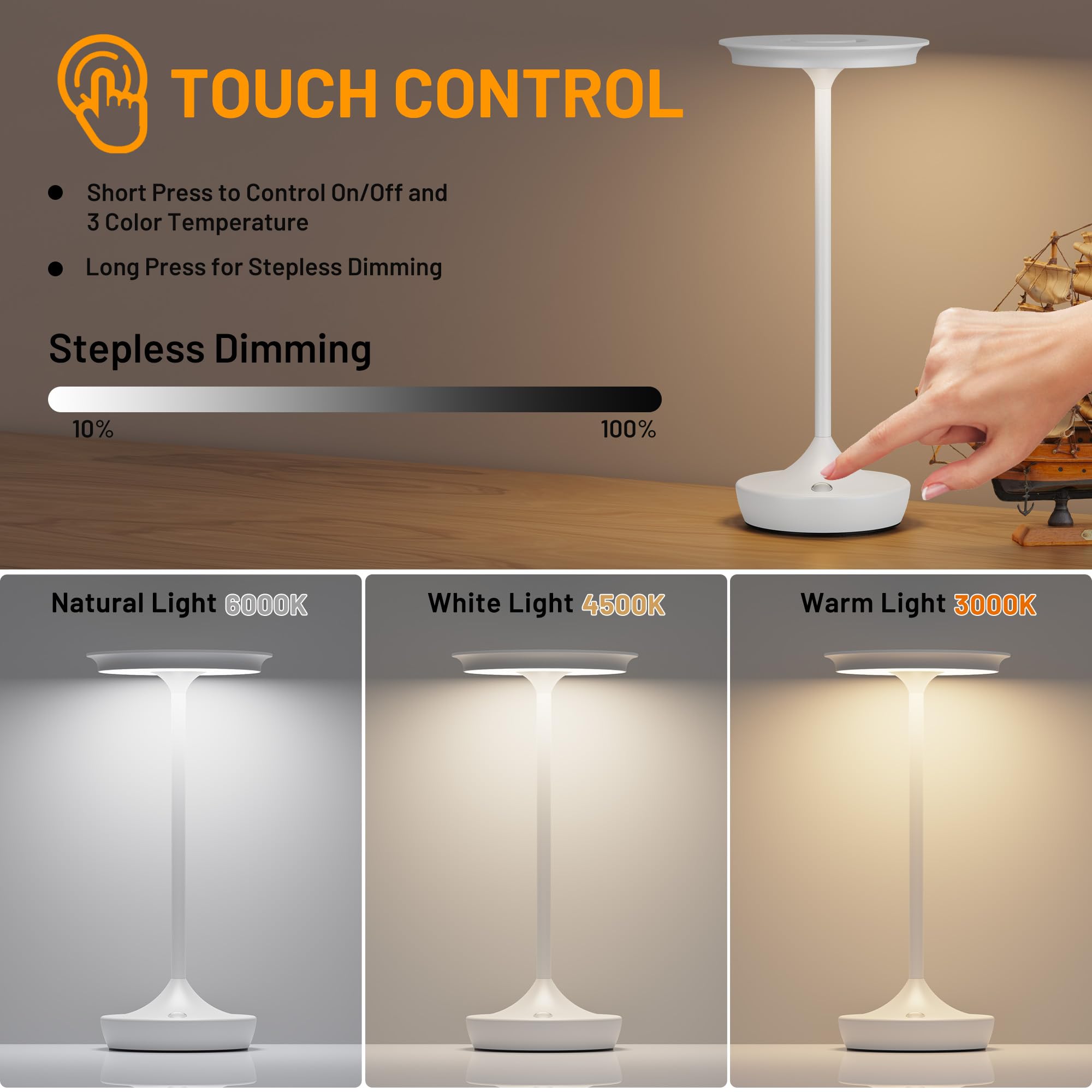 SHANGCAI LED Rechargeable Cordless Table Lamps, 3 Color Dimming, 2 Pack, White, Aluminum