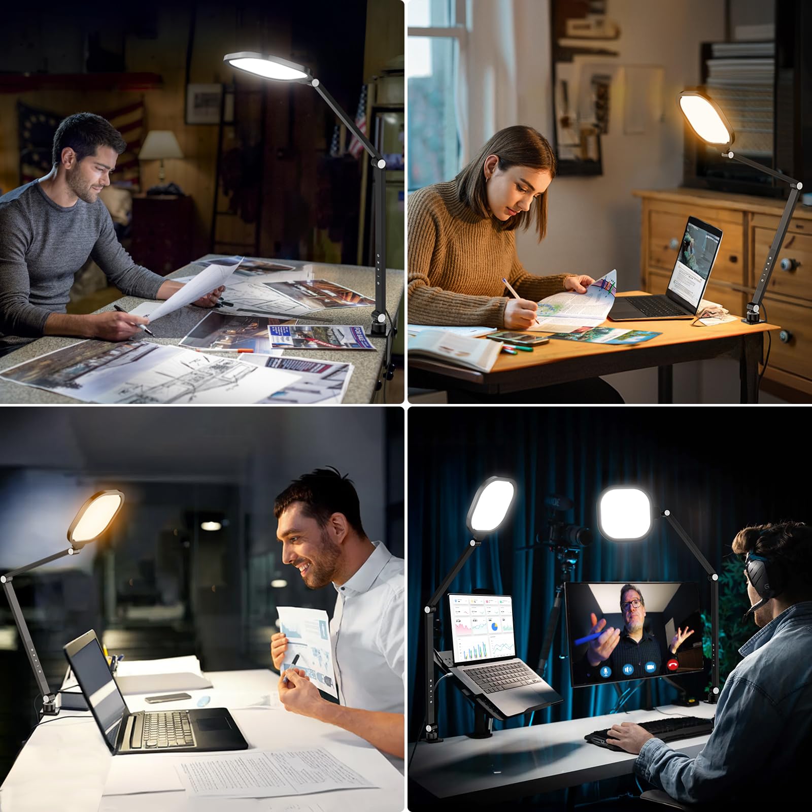 Litones 2 Packs Led Desk Lamps For Home Office, 1200Lm Dimmable Clamp-On Desktop Light, Adjustable Swing Arm Ring Light With Sta