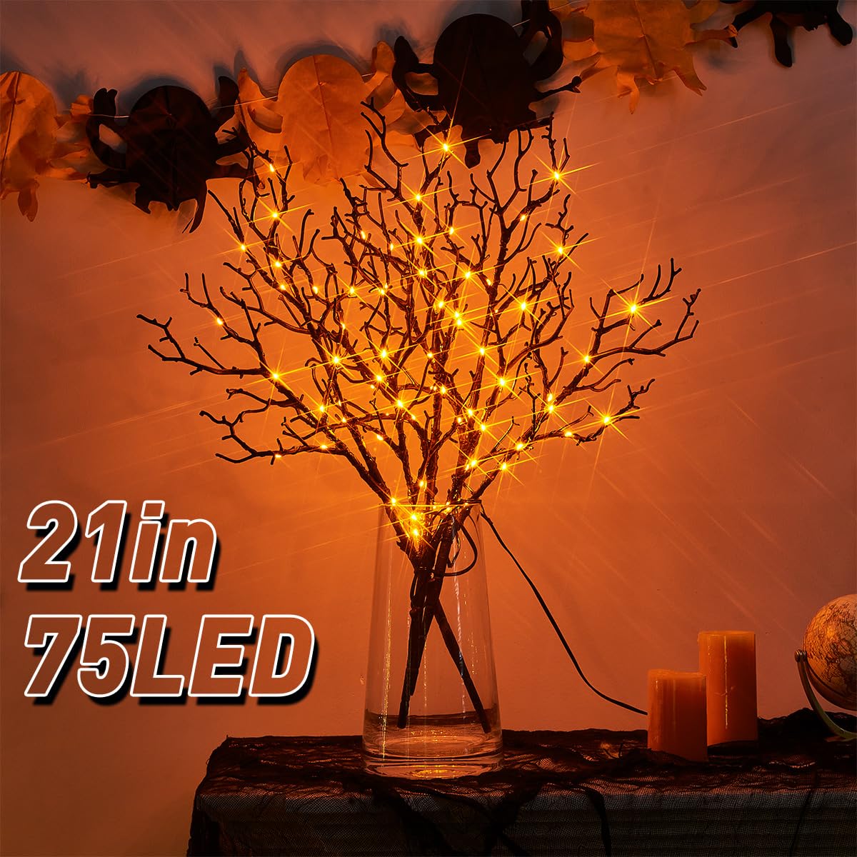 Fudios Lighted Halloween Branches With Timer Orange Fairy Lights 21In 75L,Battery Operated Black Twig Branch Lights Indoor Outdoor Use For Halloween Party Decoration