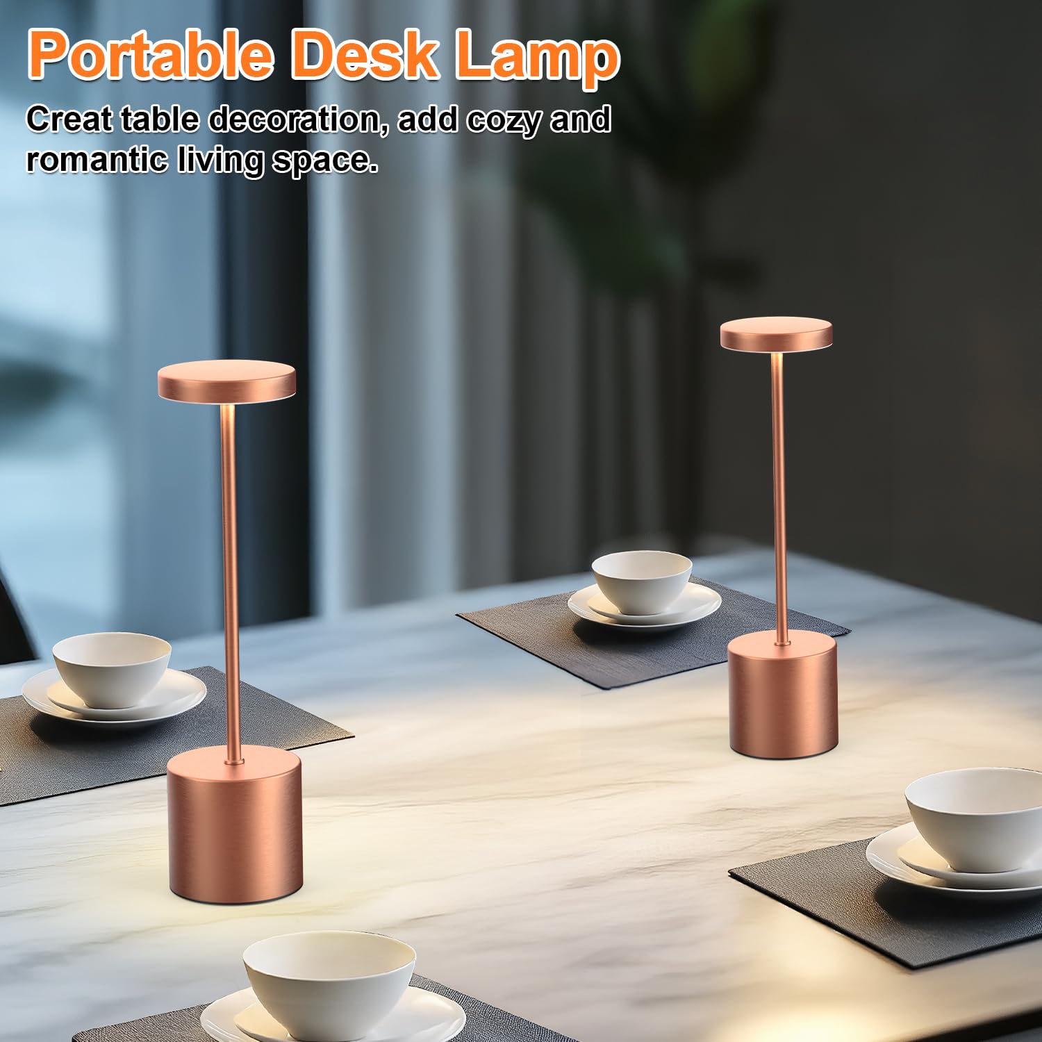 AUDLES Cordless Table Lamp - 2 Pack, 5000mAh Battery, 3-Color Dimmable Light, Rose Gold, Metal, Model 80010667
