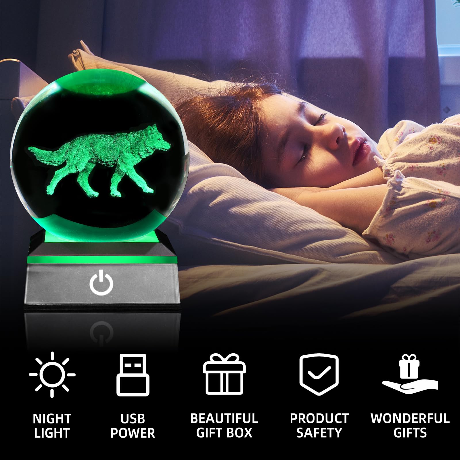 3D Wolf Crystal Ball Night Light 3.15 Inch Glass Ball Table Lamp With Color Changing Touch Base Decor Ideal Wolf Statue Decor Gi