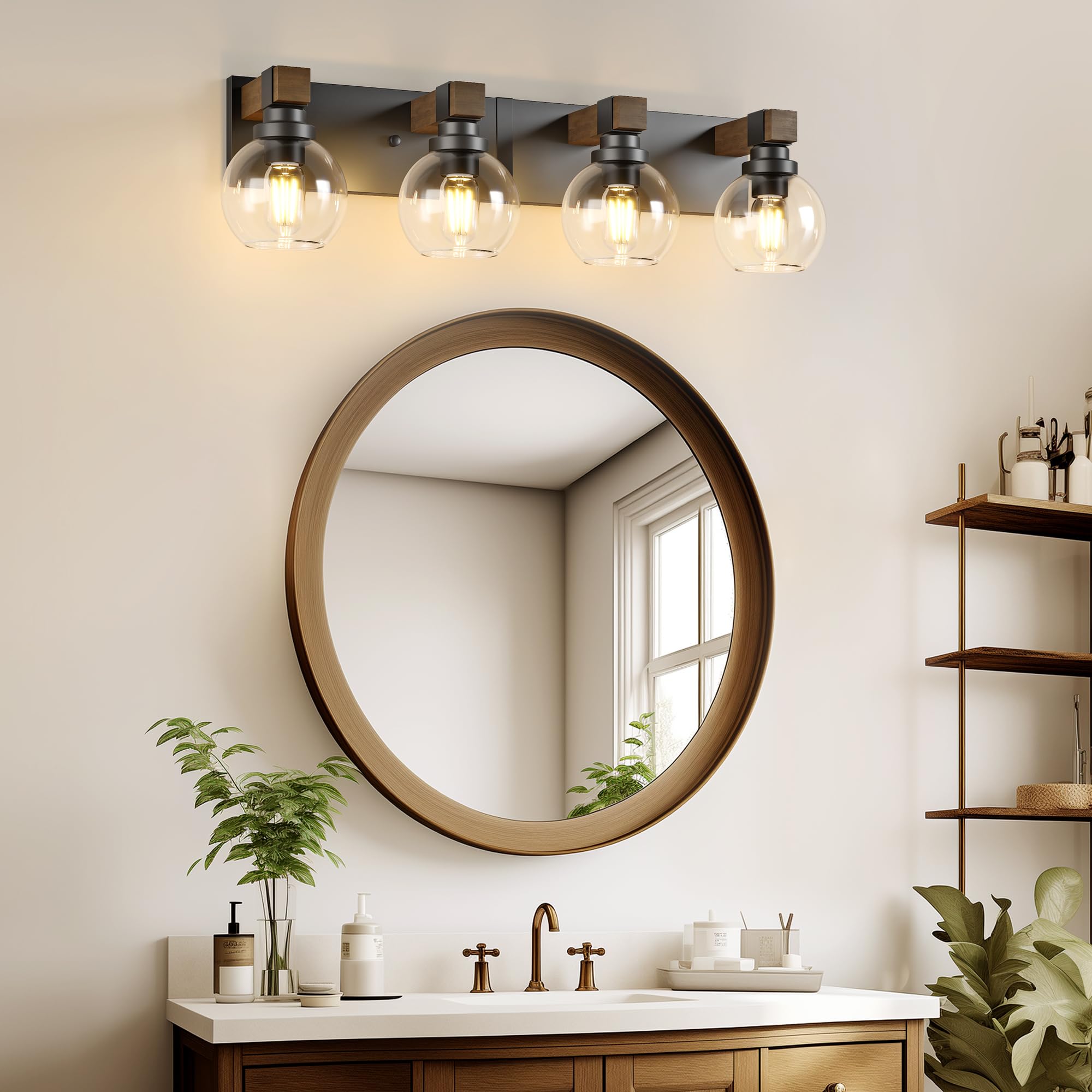Farmhouse Bathroom Vanity Light Fixtures  4-Light Wood Bathroom Light Fixtures Over Mirror  Rustic Sconces Wall Lighting With Glass Shade For Living Room  Bedroom  Hallway