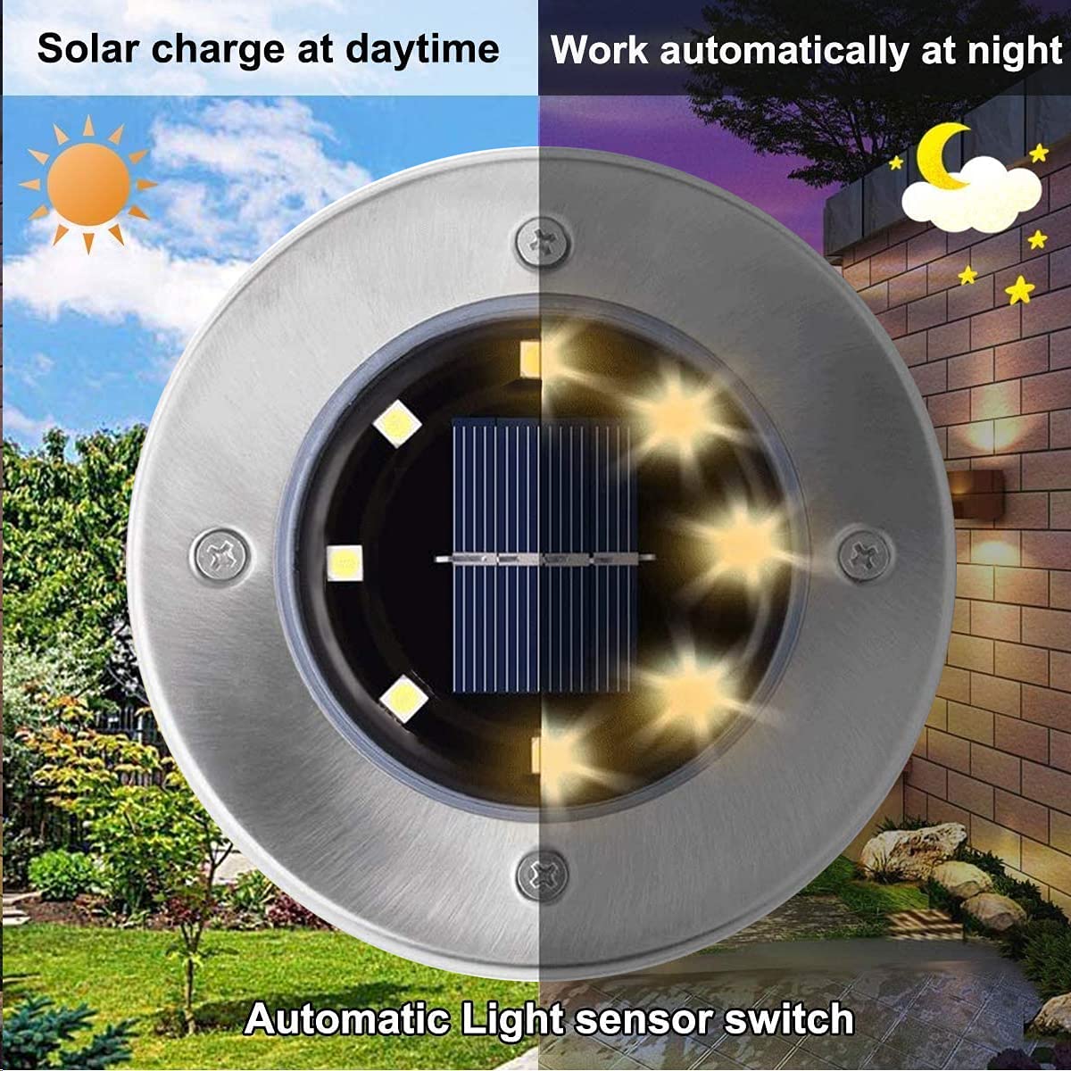 Rayolon Solar Ground Lights - Waterproof Stainless Steel Landscape Lighting, 8 Pack, Warm Light For Pathway, Yard, Deck, Lawn, Patio
