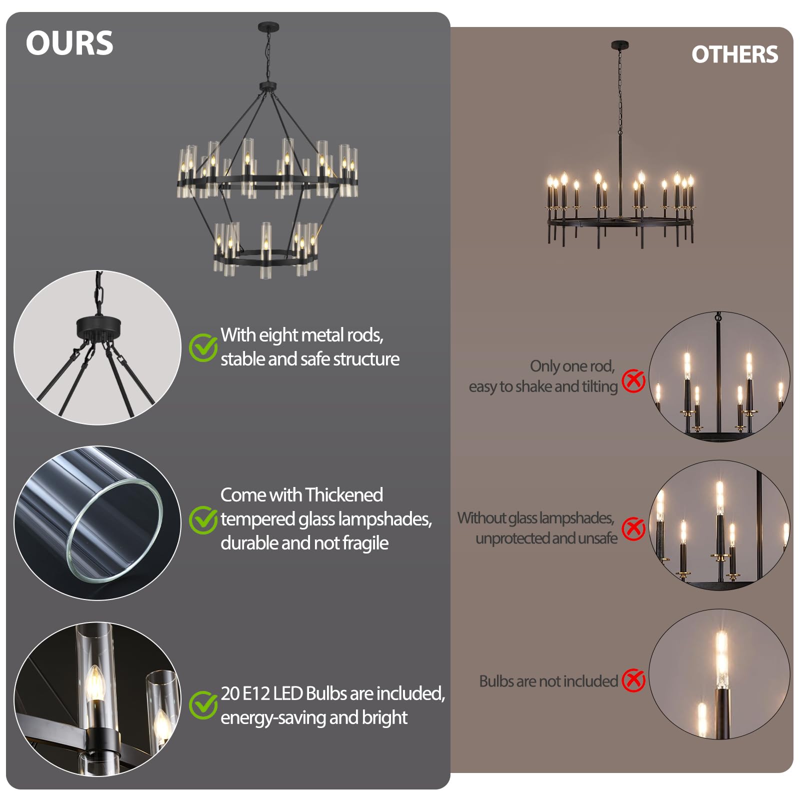 Black Wagon Wheel Chandelier 2 Tier, 48 Inch Chandeliers With Glass Shade, 24-Light Large Chandelier For High Ceiling, Modern Bl