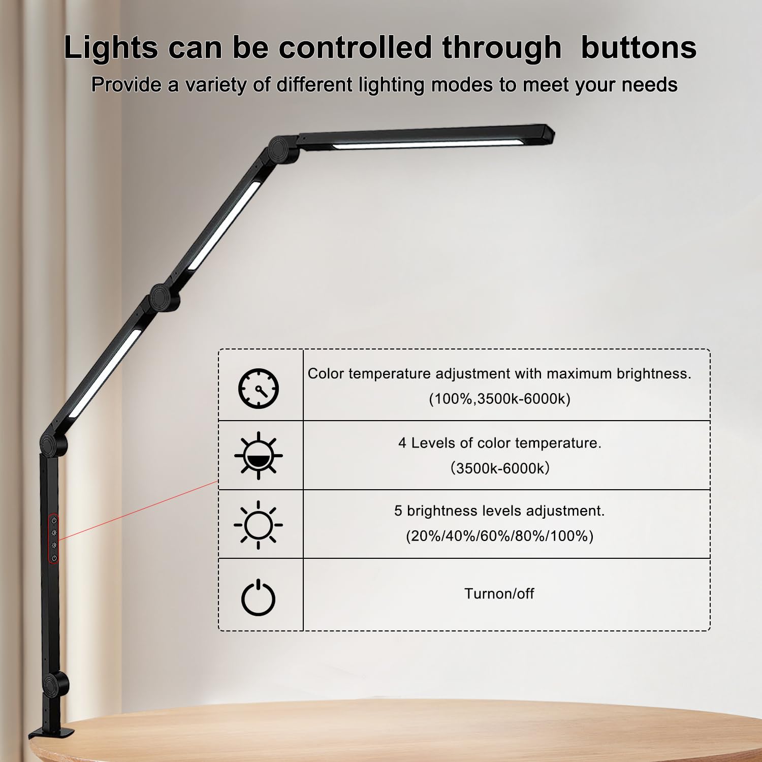 vimeepro LED Desk Lamp with Clamp, 4 Sections Swing Arm, 3 Light Sources, 4 Color Modes, 5 Brightness Levels, Black, Model vimeepro-TD