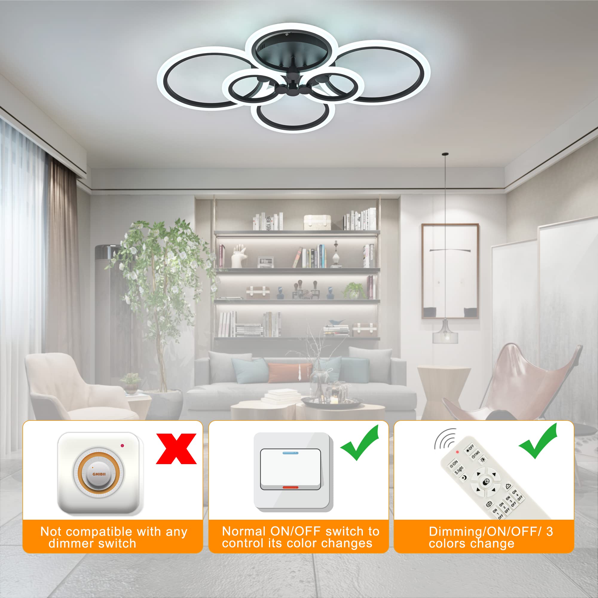 Sjv Modern Ceiling Light Fixture: Dimmable Led Flush Mount Ceiling Lamp - Black 31.4" Kitchen Ceiling Lights,6Rings Lighting Fixtures For Bedroom, Dining Living Room,Colors Change With Remote