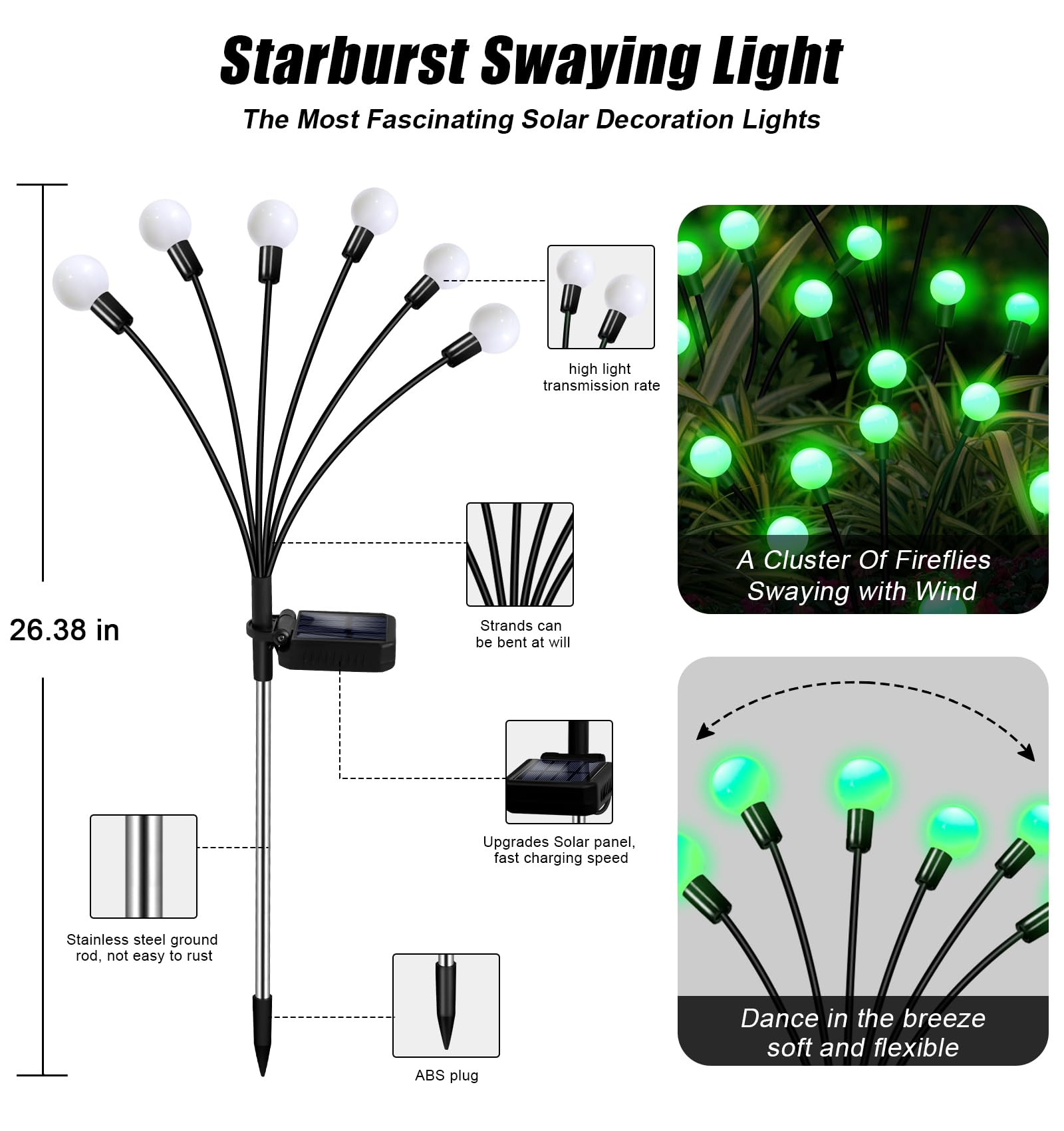 ZFNN Solar Firefly Lights, 4 Pack 24 LED Green Garden Decor, Outdoor Waterproof for Yard and Pathway, Model GreenYHC-4pack