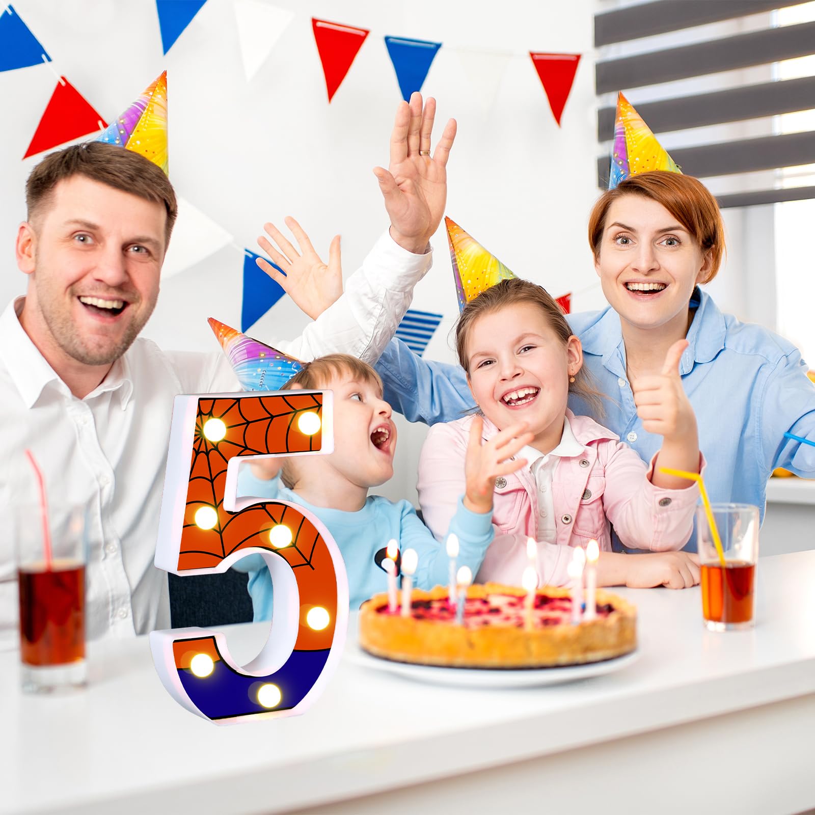 AXBMM Spider Light Up Birthday Sign, Number 5, LED, PP Plastic, Blue/Red, Party Decorations, Model XY-366