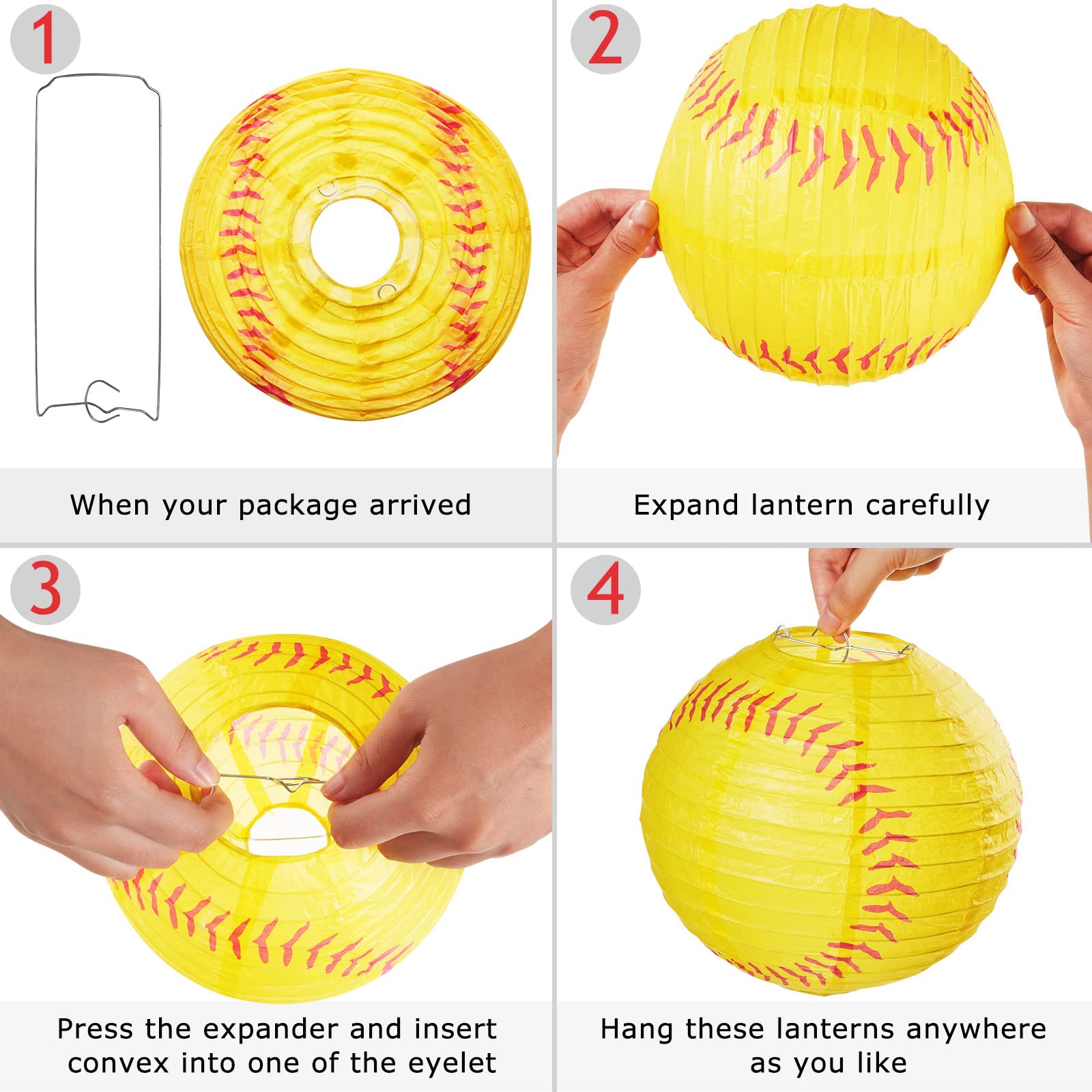 Riakrum Softball Lanterns - 8&quot; Yellow & Red Hanging Decorations For Sports Parties (10 Pack)