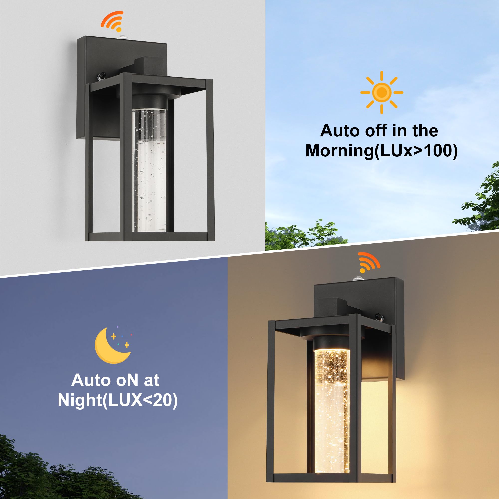 WIHTU Outdoor Wall Lantern Sconce - 2 Pack, Waterproof Black Matte Finish, Dusk to Dawn Crystal Bulb, Tempered Glass Shade