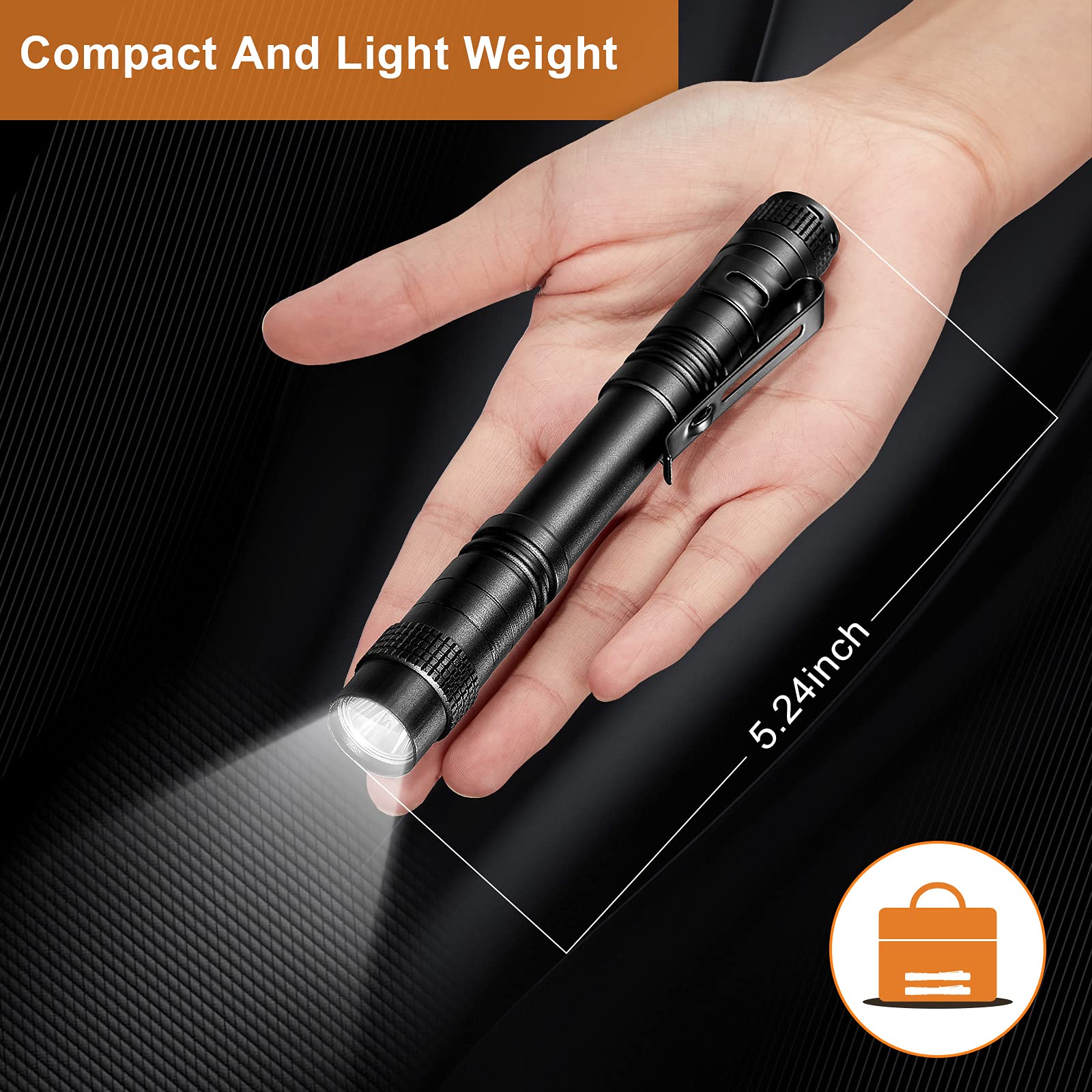 Honoson Mini LED Pen Light Flashlight - Aluminum, Black, 3.5 & 5.2 Inches, Pocket Size, Clip for Inspection & Emergency Use