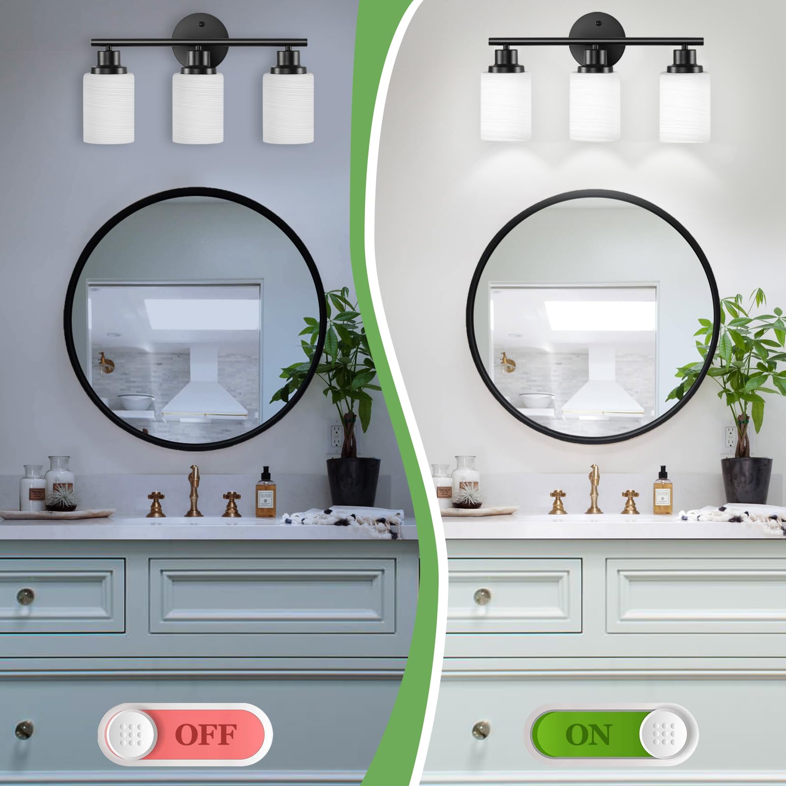 Guliaofo 3-Light Bathroom Vanity Light Fixtures, Matte Black, Milky White Frosted Glass Shade, E26 Base, Model Gu-111-LWNBH-3