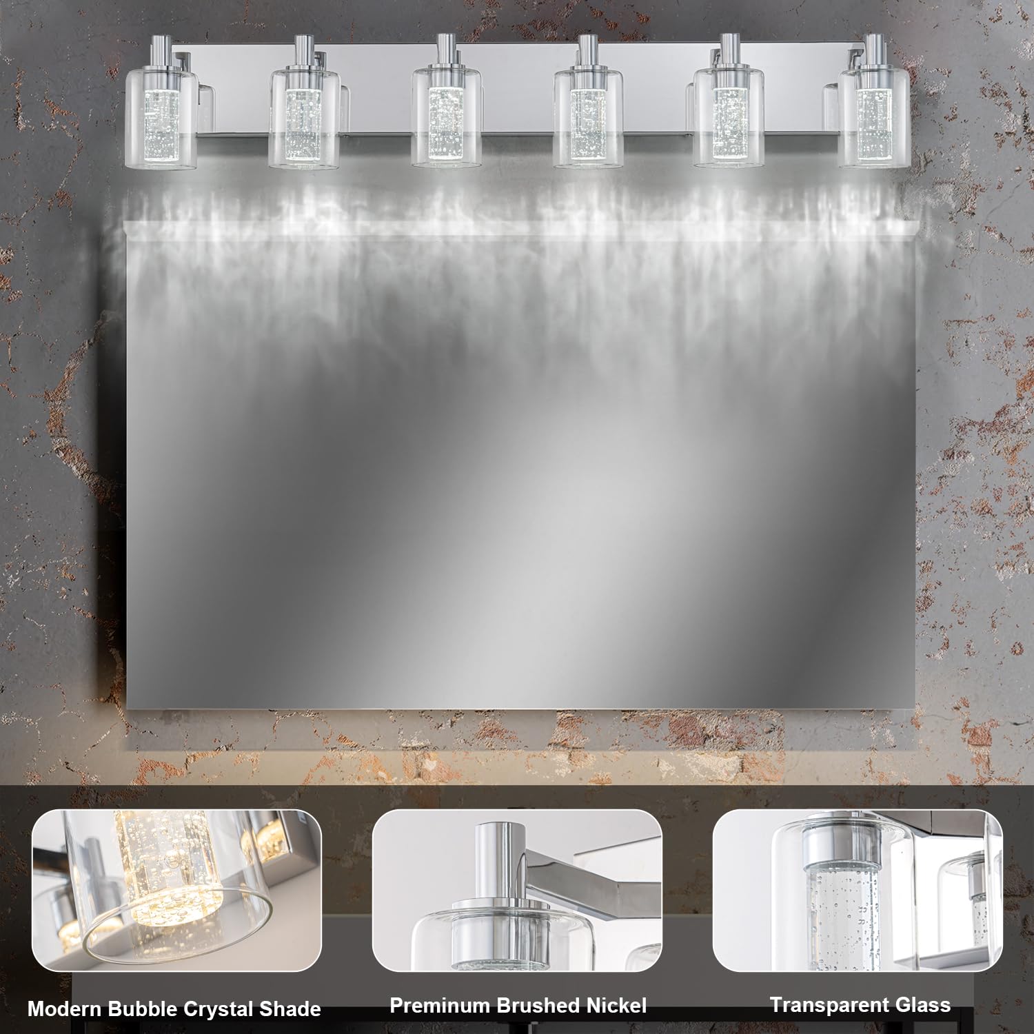 SineRise Vanity Light, Dimmable 6-Light LED Bathroom Fixture, Eye Protection, Chrome, 3 Color Modes (3000K/4000K/6000K), Model S002
