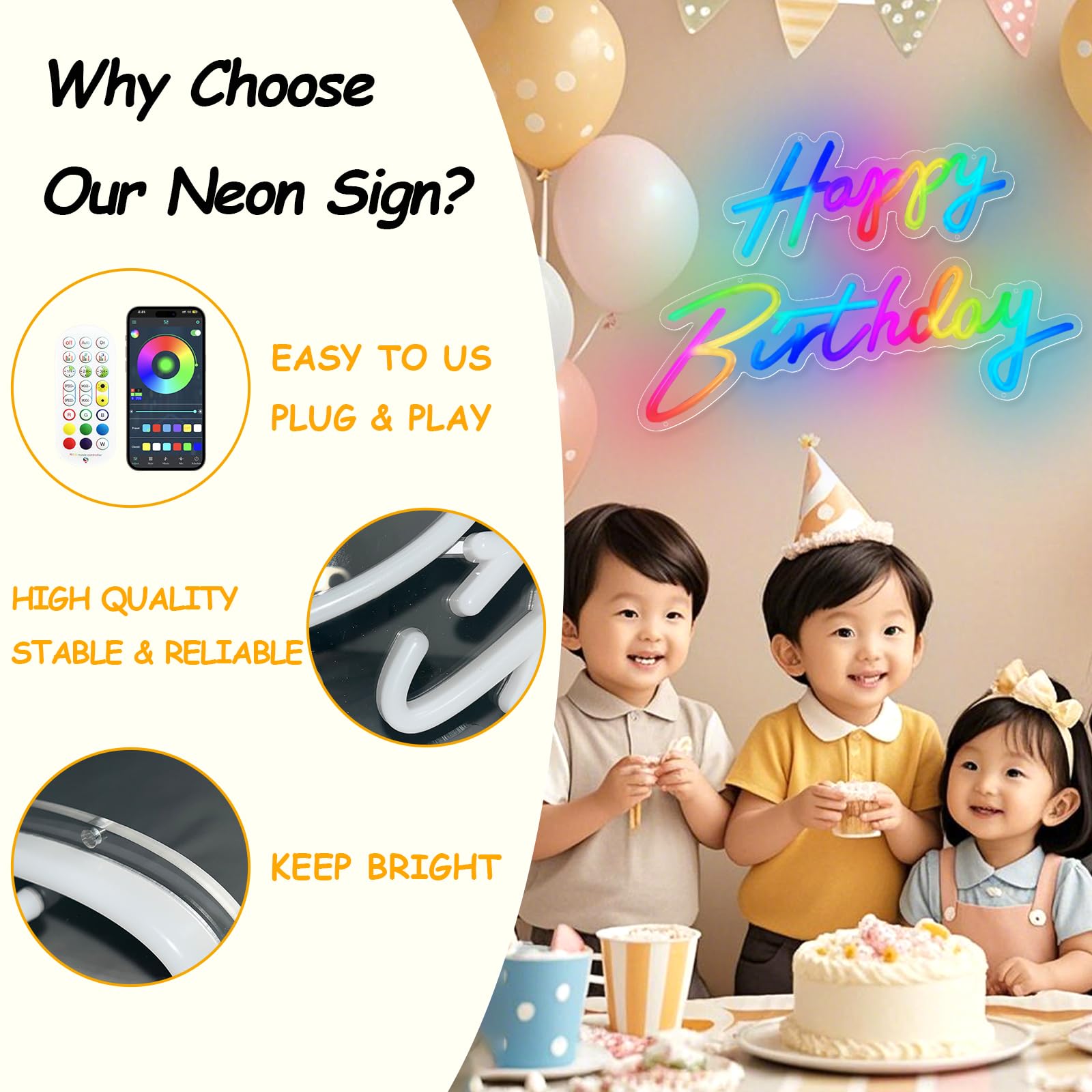 divatla Happy Birthday Neon Sign - 23inx8in, Multi-Color, LED with Remote, App Control, Model HBHC-01
