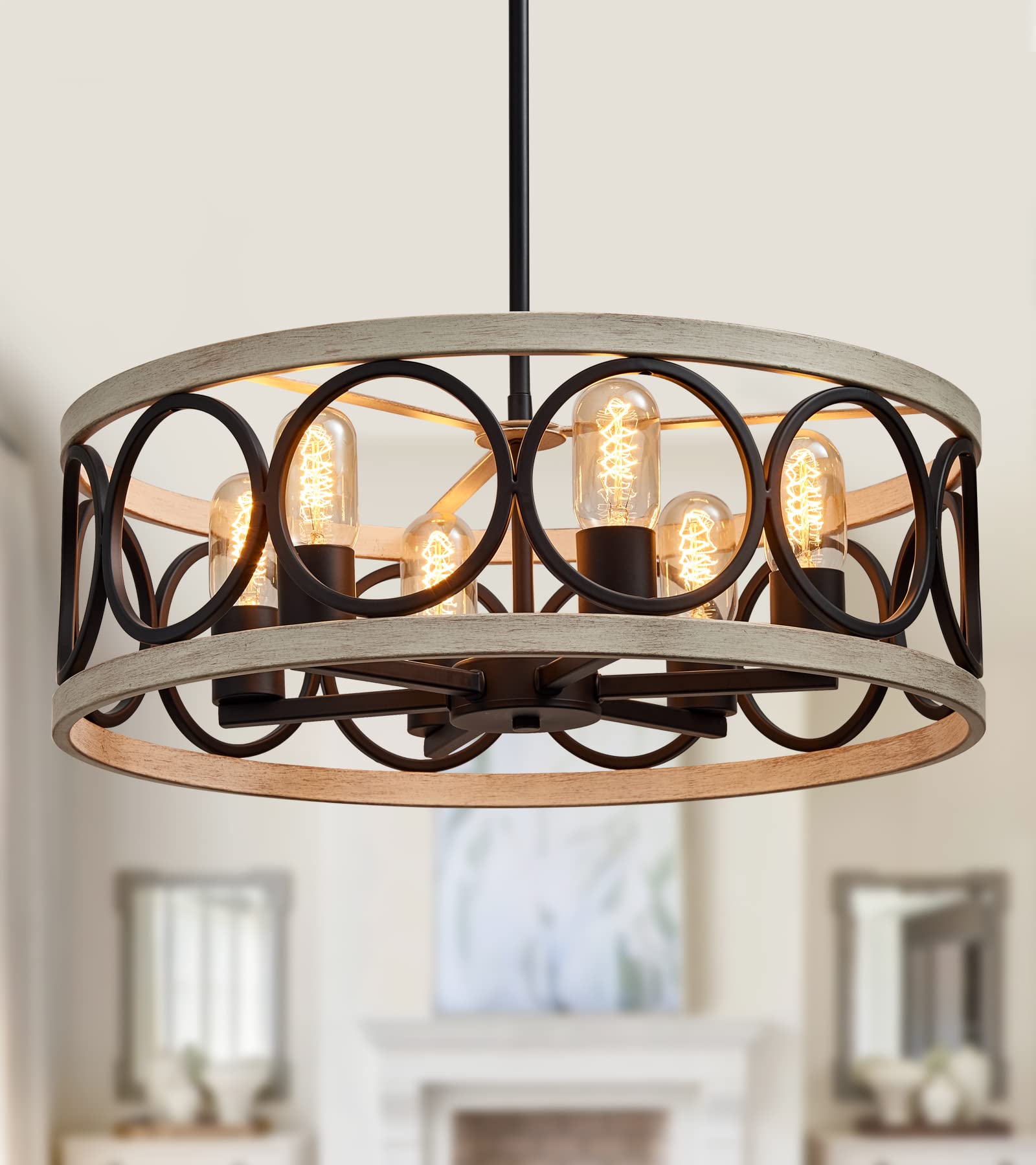 MEIXISUE Modern Farmhouse Drum Chandelier Black and White Birch Finish 6-Lights Round Metal Rustic Vintage Chandelier Light Fixt