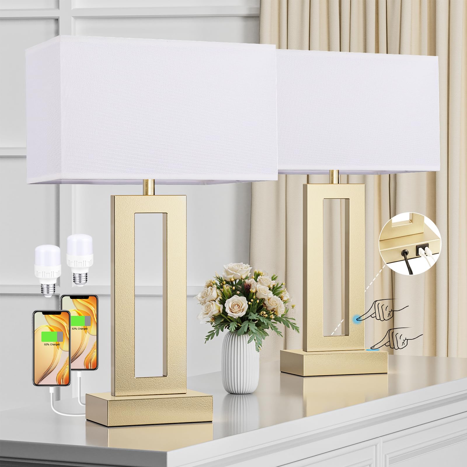 Seealle Nightstand Table Lamps Set of 2 - Touch Control, USB C+A, 3-Way Dimmable, Medium Size, White & Gold