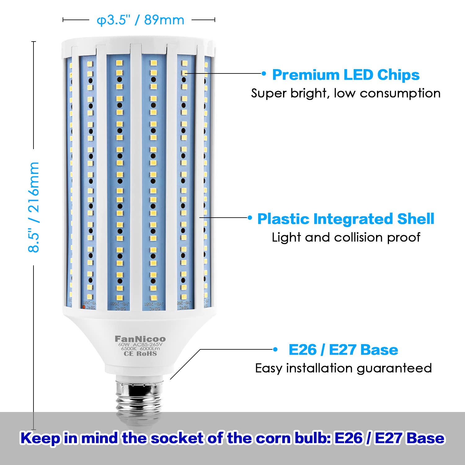 FanNicoo LED Corn Light Bulb 500W Equivalent 60W 6000 Lumen E26/E27 Cool Daylight White for Indoor/Outdoor Use