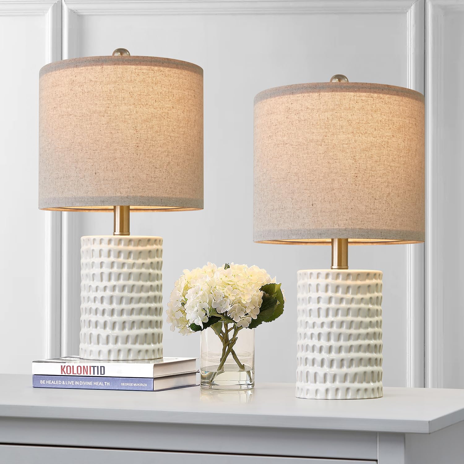 Portres 18.25&quot; White Ceramic Table Lamp Set Of 2 - Modern Accent Lighting For Bedroom & Office