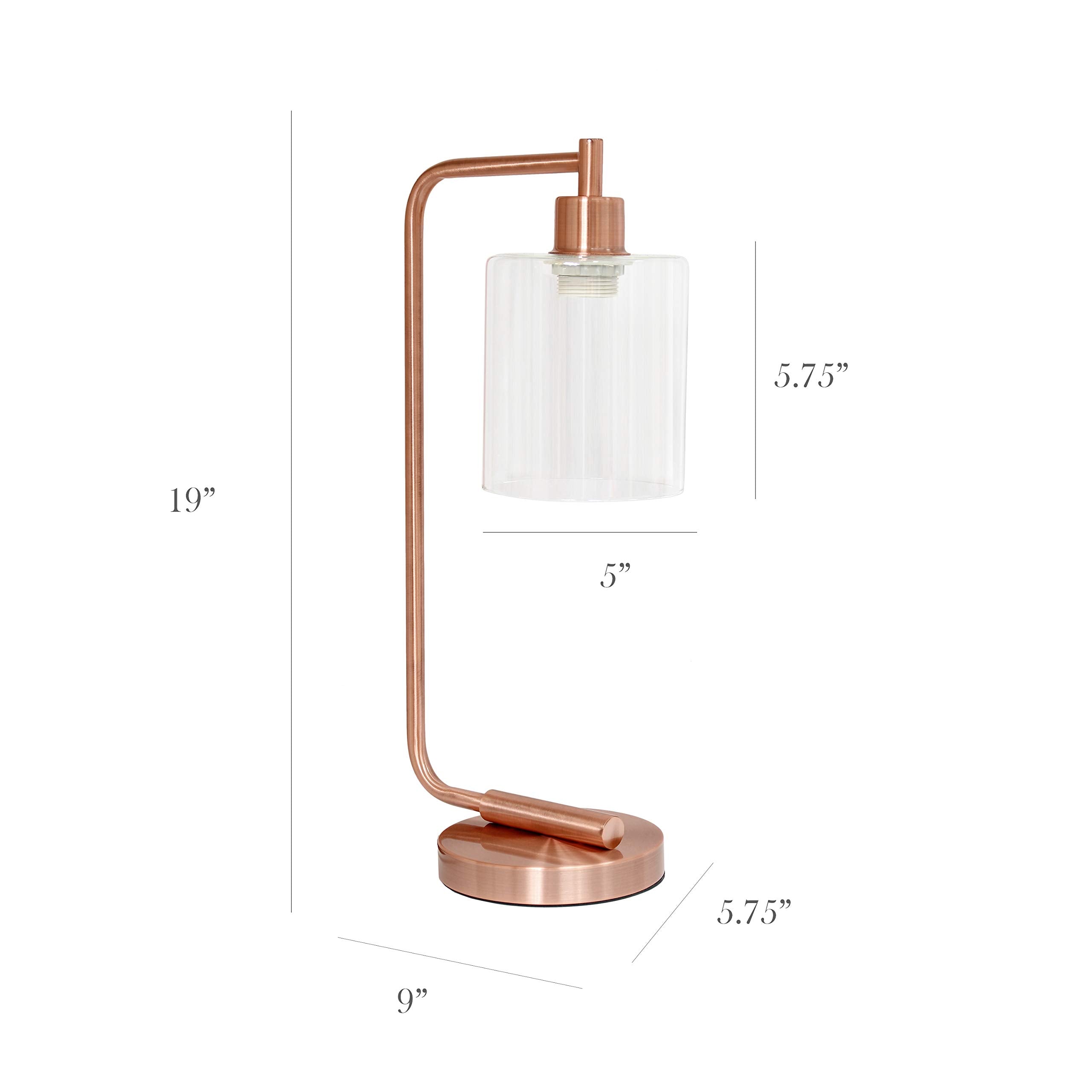 Simple Designs Lantern Desk Lamp, Iron, Rose Gold, Model LD1036-RGD, Regular Size, Glass Shade