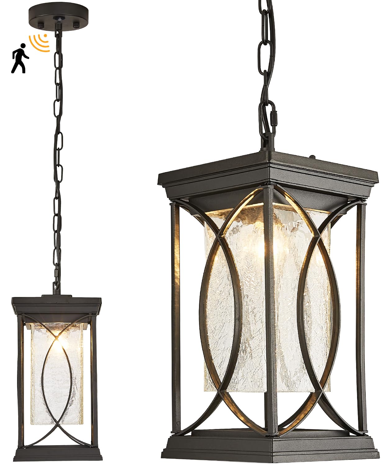 Delicavy Motion Outdoor Pendant Light, Black Aluminum Dusk To Dawn Ceiling Lantern For Porch