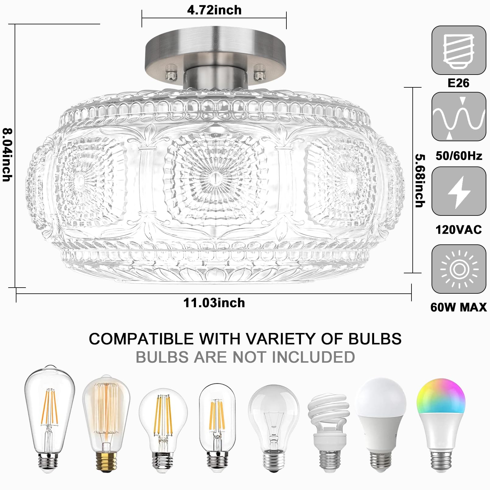 Oykyohei Semi Flush Mount Ceiling Light, Upgraded Larger Brushed Nickel Glass Ceiling Light Fixture, Vintage Lighting For Hallwa