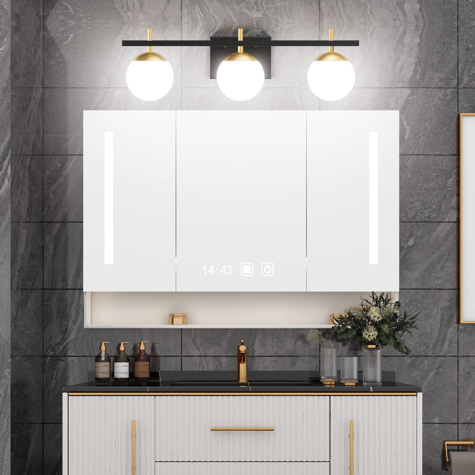 Ralbay 3-Light Mid Century Modern Bathroom Vanity Lights, Black/Gold Metal Fixture, Milky Glass, Model 1100, Excludes Bulb