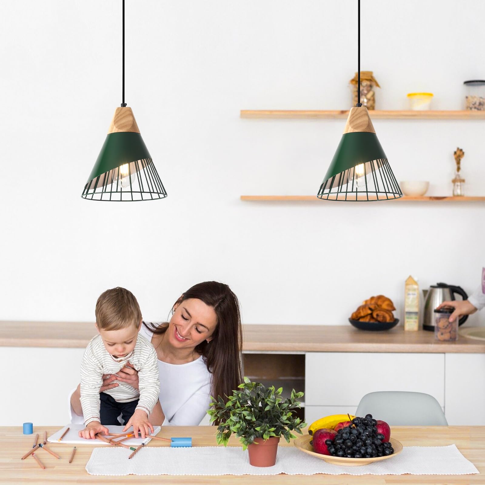 Sesiment Farmhouse Pendant Light 9.4Ines, 2 Packs- Green Industrial Kitchen Pendant Lights For Kitchen Island, Bar, Bedroom, Off