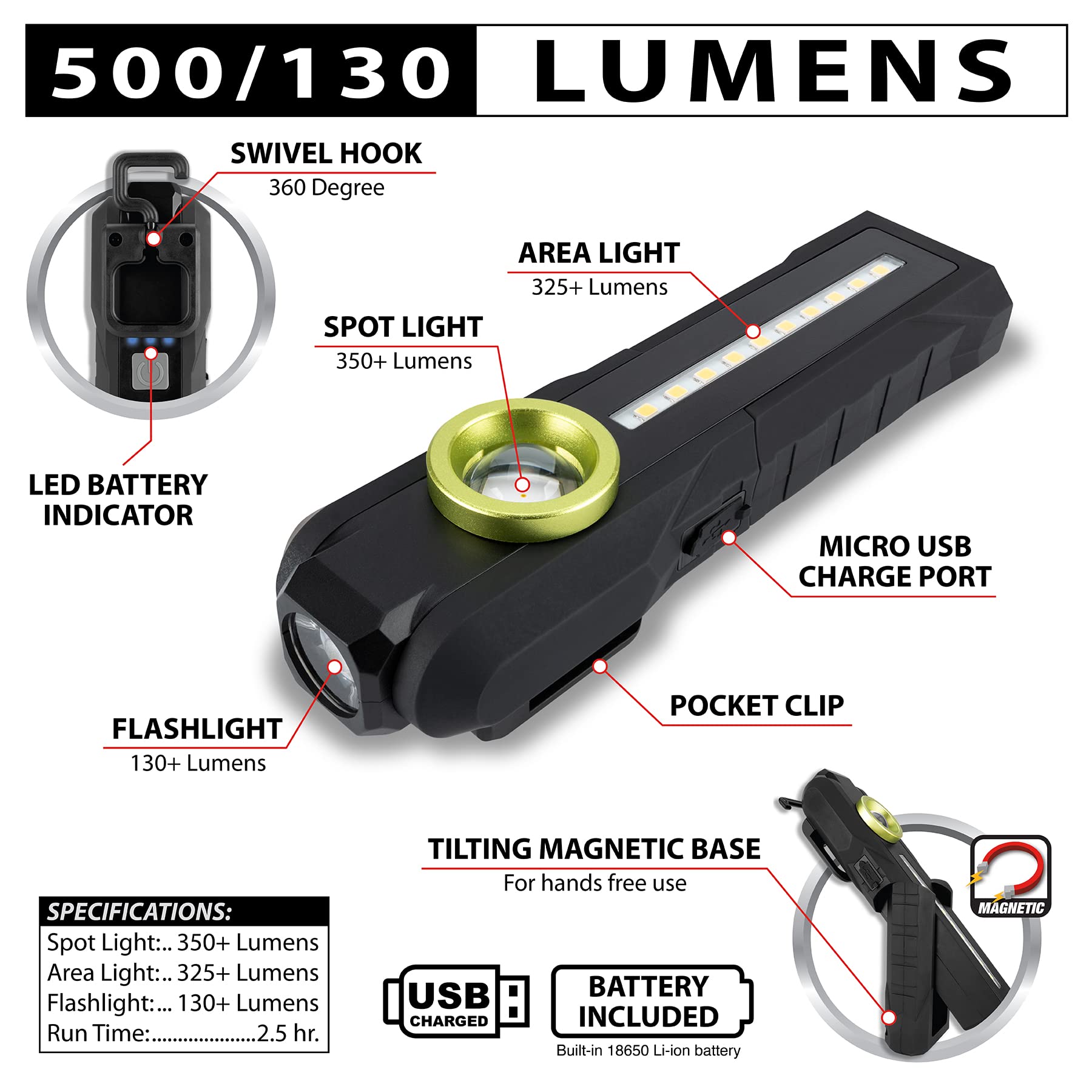 Performance Tool W2325 130-500+ Lumens Li-Ion 3-in-1 Work Light