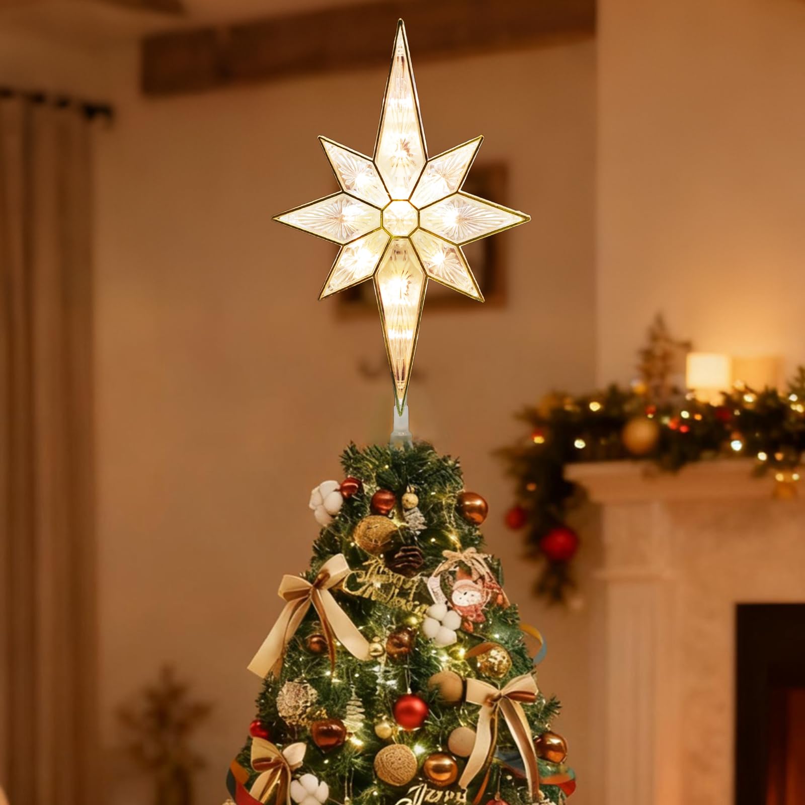 LAMPHOME 12in Lighted Christmas Tree Topper, Warm White Bethlehem Star, Model YHL-11A/1S-F-122, Acrylic