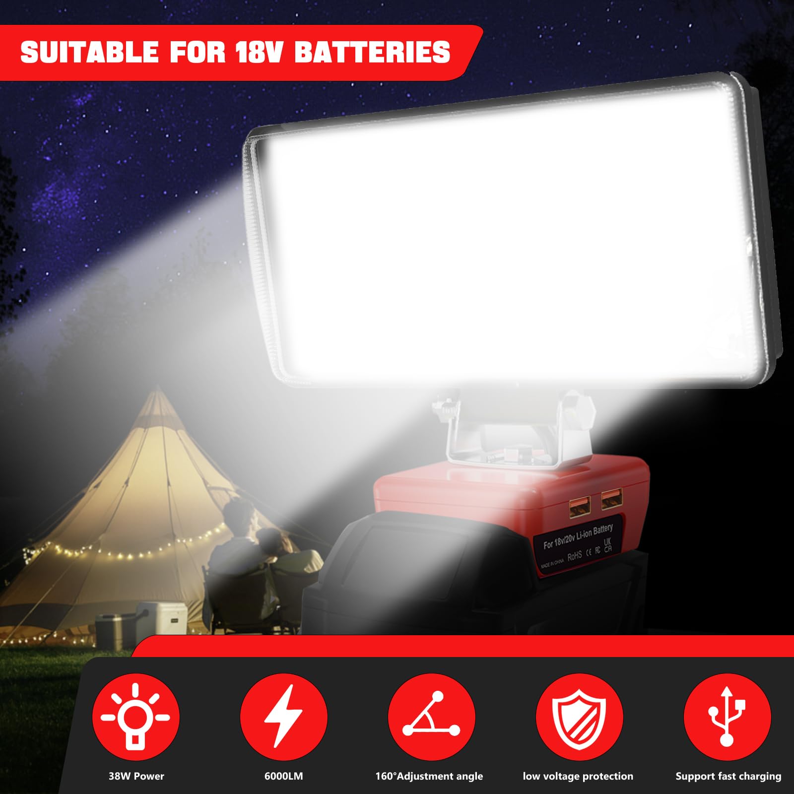 Max 6000 Lm 38W 2 Modes Cordless Led Light Compatible With Milwaukee M18 18V Battery, 2X2.1A Usb Led Work Light Wide Beam Flood
